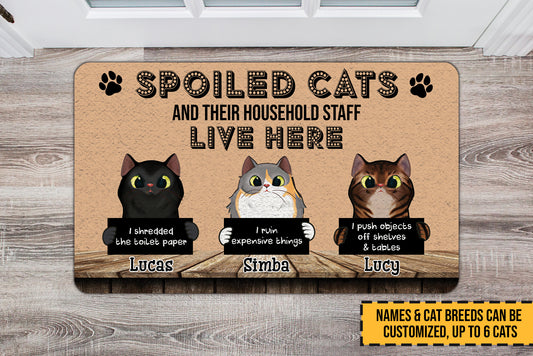 Spoiled Cats And Their Household Staff Live Here Funny Doormat • Custom Doormat For Cat Lovers • Personalized Cat Welcome Rug • Vintage Front Door Mat • Outdoor Rug