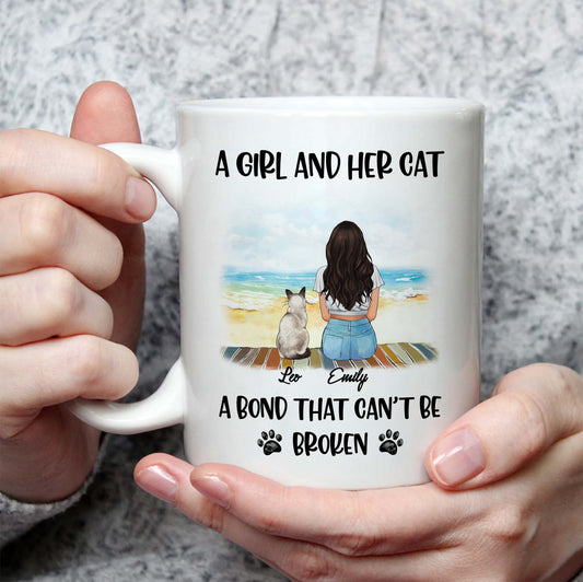 Cat And Mom Mug • Custom Cat Mom Portrait • Personalized Keepsake Gift For Cat Mama • Girl With Cat Portrait