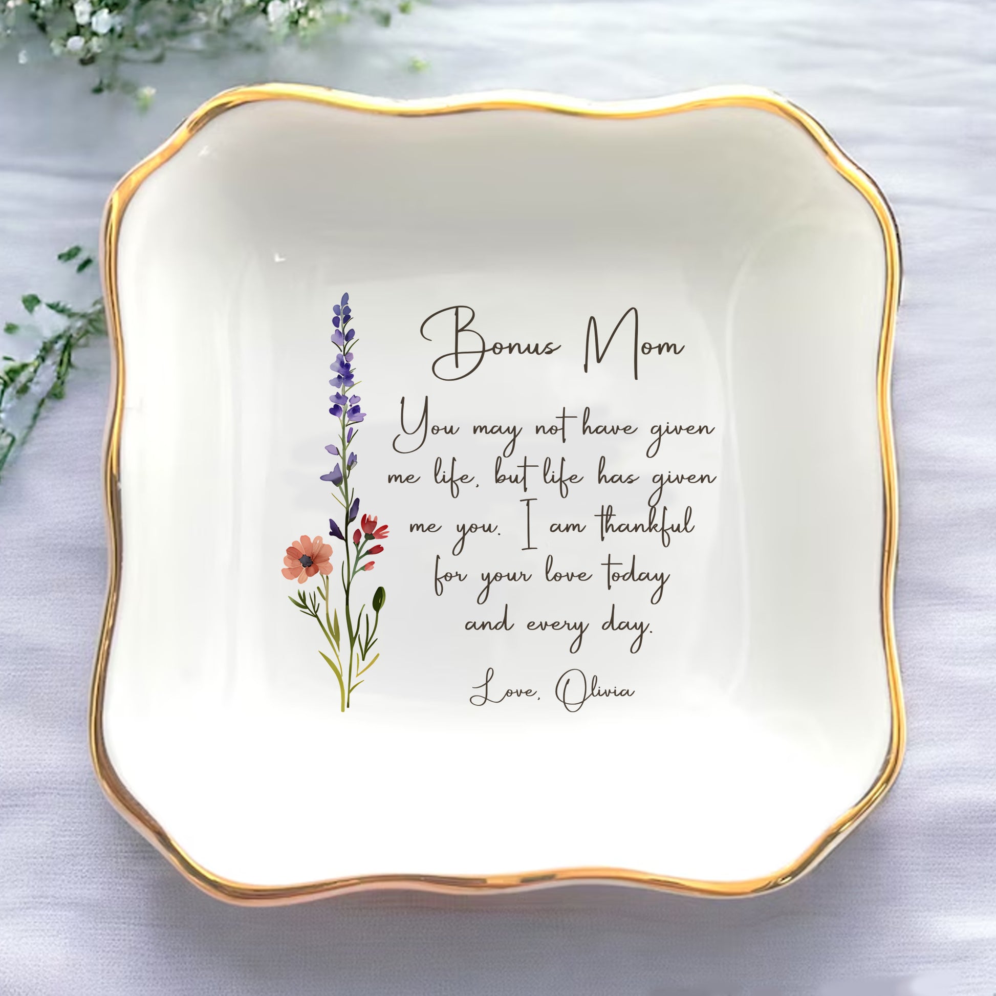 Personalized Ring Dish For Bonus Mom • Gift For Step Mom From Daughter • Custom Flower Trinket Tray • Wedding Keepsake • Mothers Day Gift