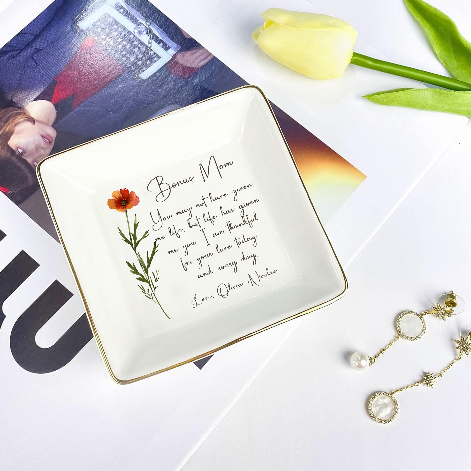 Personalized Ring Dish For Bonus Mom • Gift For Step Mom From Daughter • Custom Flower Trinket Tray • Wedding Keepsake • Mothers Day Gift