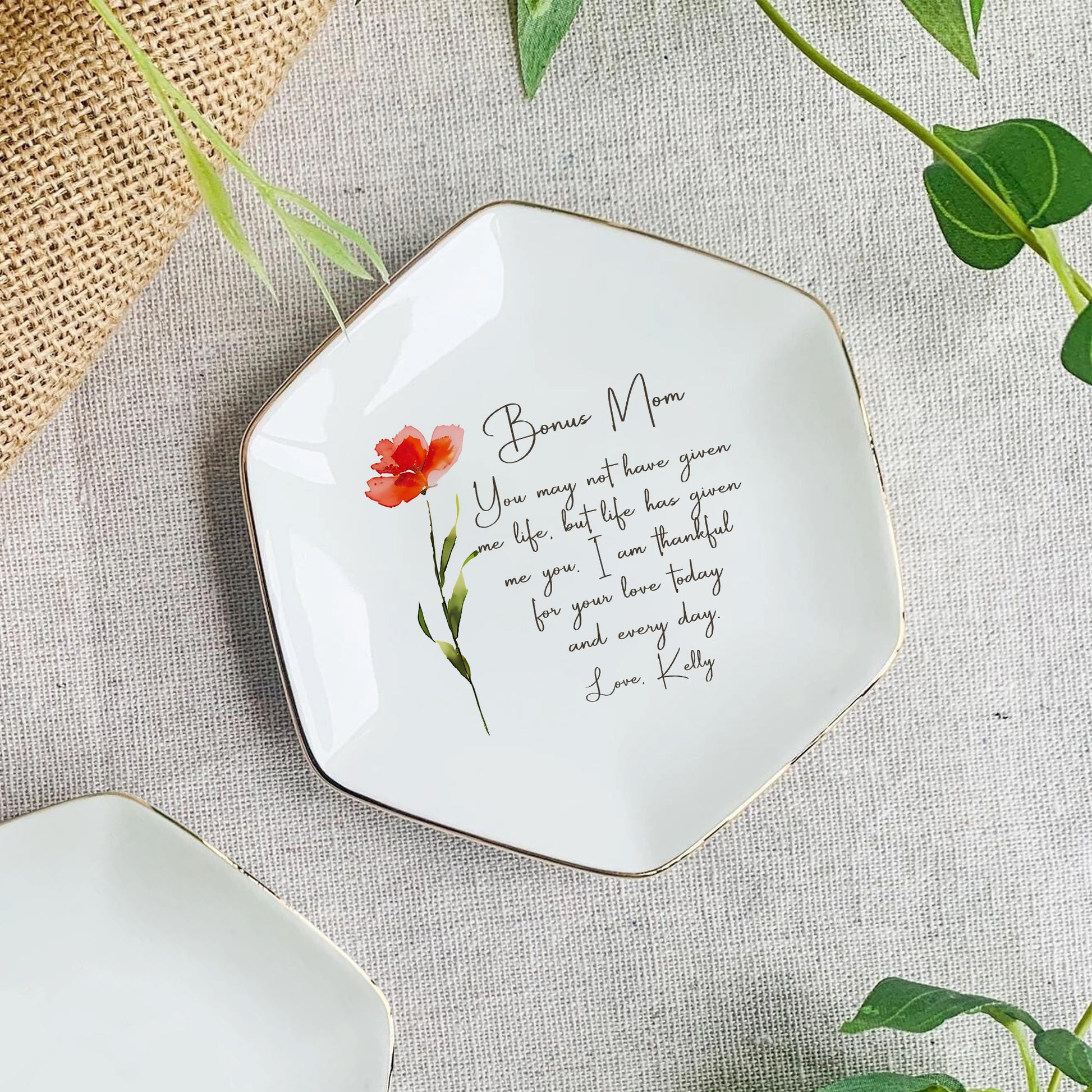Personalized Ring Dish For Bonus Mom • Gift For Step Mom From Daughter • Custom Flower Trinket Tray • Wedding Keepsake • Mothers Day Gift