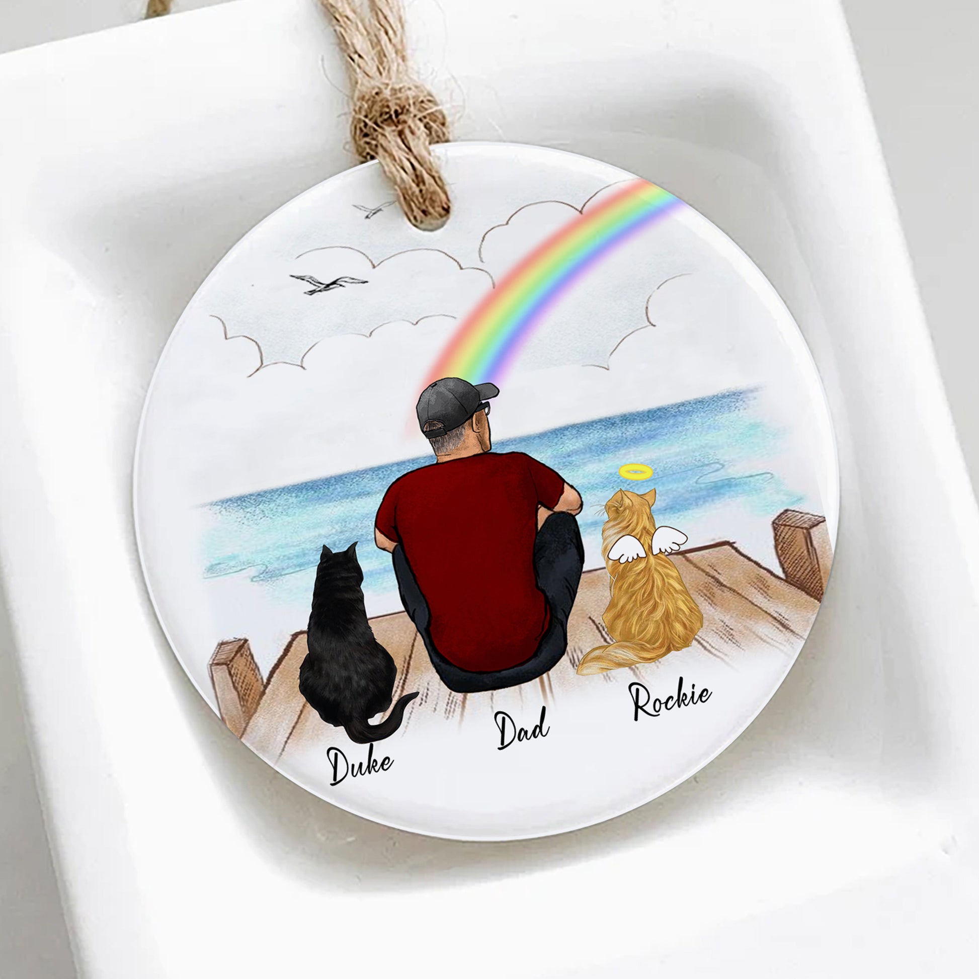 Cat And Dad Christmas Ornament • Cat Dad Portrait Custom Memorial Gift • Personalized Christmas Gift For Loss Of Cat • Man With Cat Portrait Ornament • Keepsake Gift