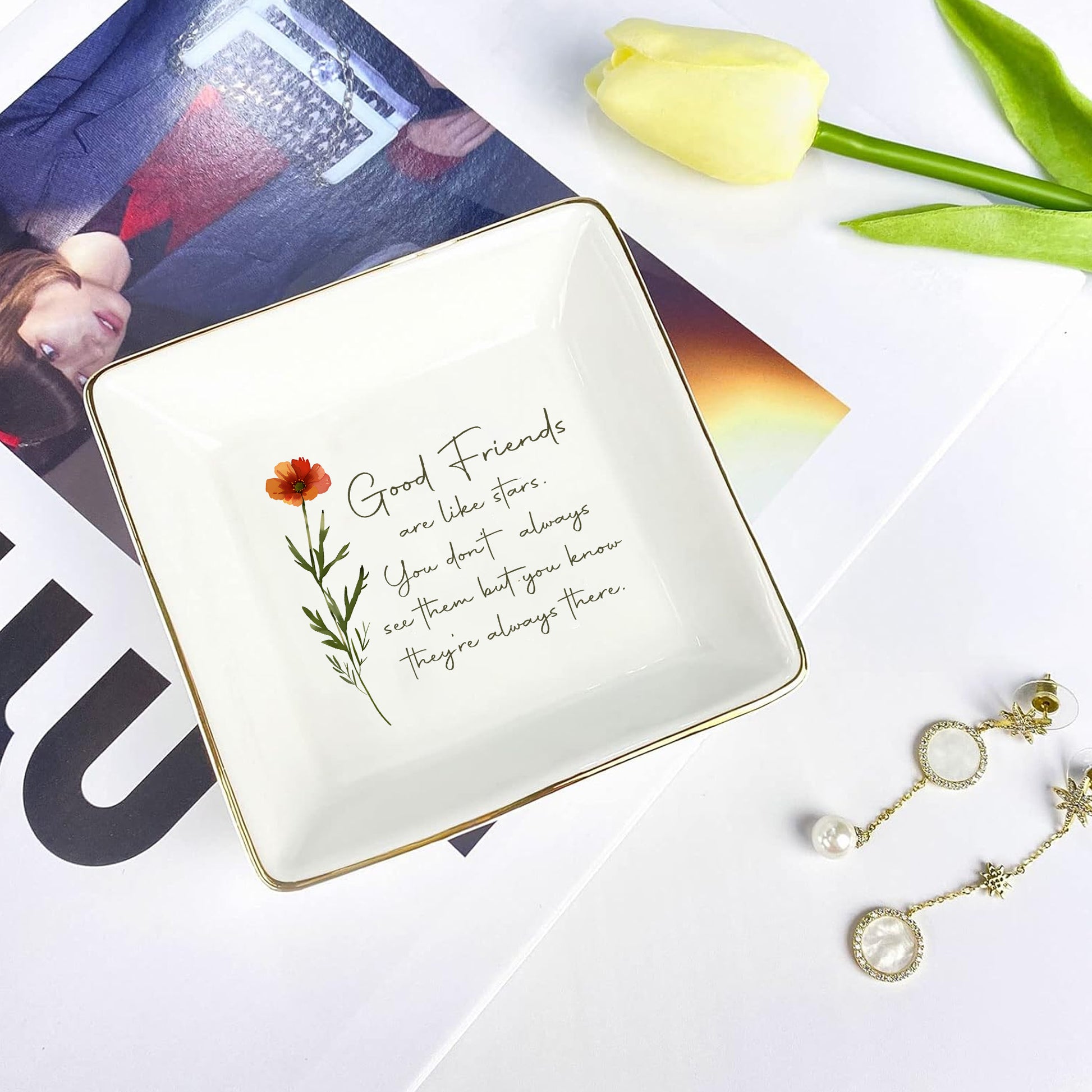 Good Friends Are Like Stars You Don't Always See Them But You Know They're Always There • Personalized Trinket Dish For Best Friends • Custom Watercolor Flower Ring Dish • For Besties • For Soul Sisters