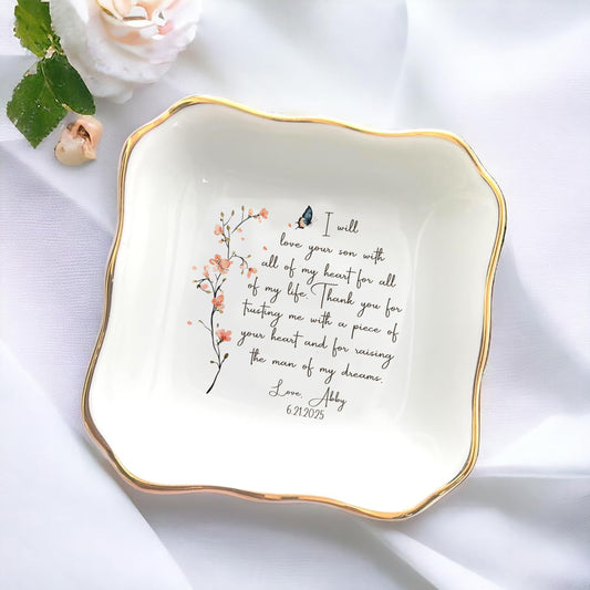 I Will Love Your Son With All Of My Heart For All Of My Life • Personalized Flower Trinket Dish • Custom Watercolor Flower Ring Dish • Wedding Gift For Mother Of The Bride
