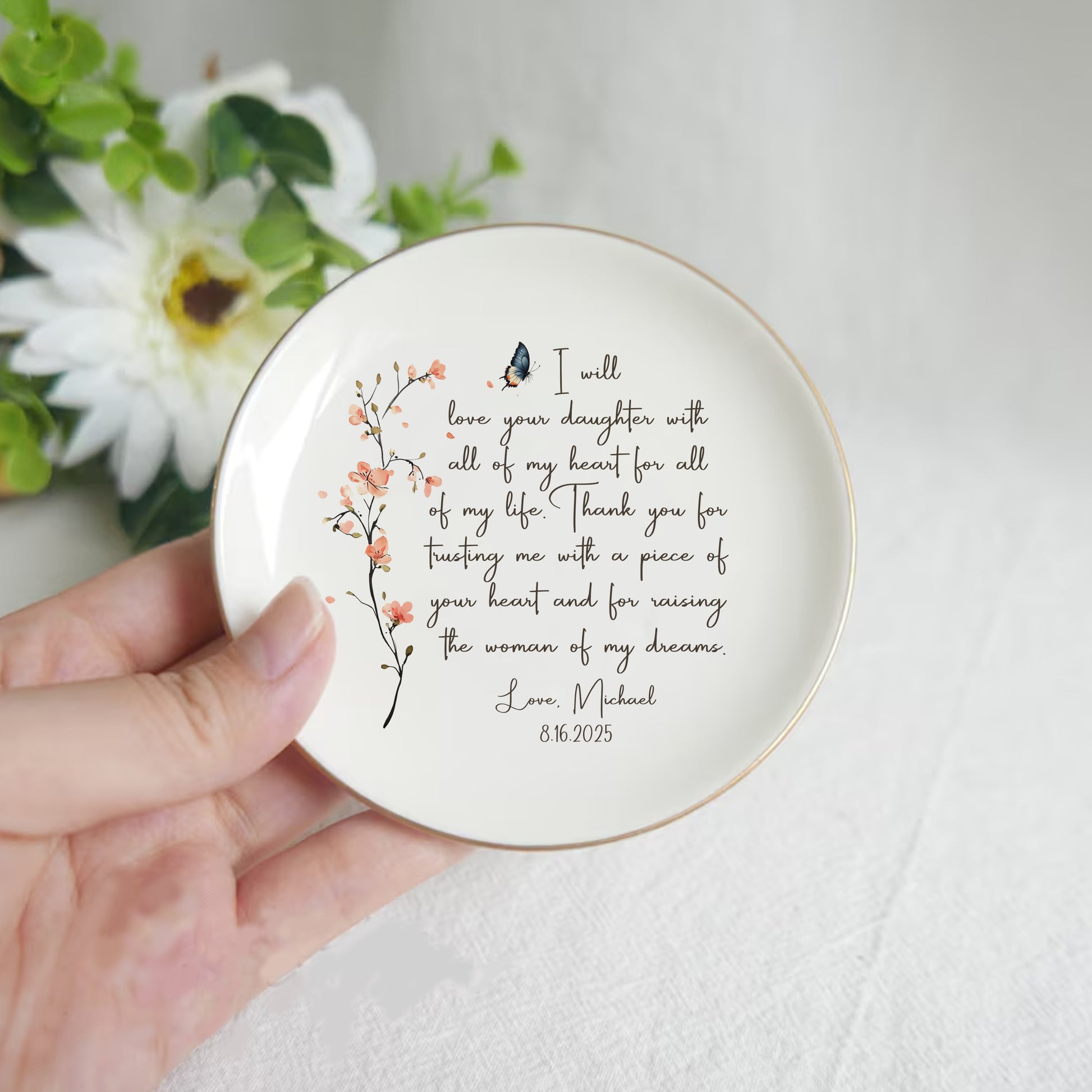I Will Love Your Son With All Of My Heart For All Of My Life • Personalized Flower Trinket Dish • Custom Watercolor Flower Ring Dish • Wedding Gift For Mother Of The Bride