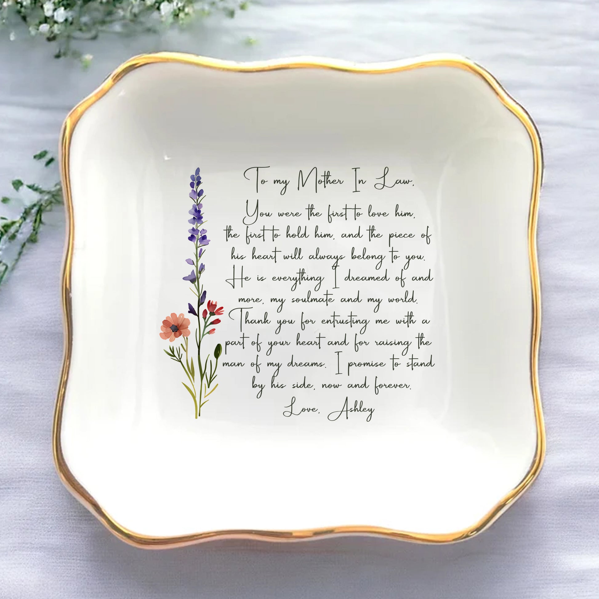 Personalized Wedding Ring Dish For Mother In Law • Gift From Bride • Custom Flower Trinket Tray With Message • Wedding Keepsake • Keepsake Gift