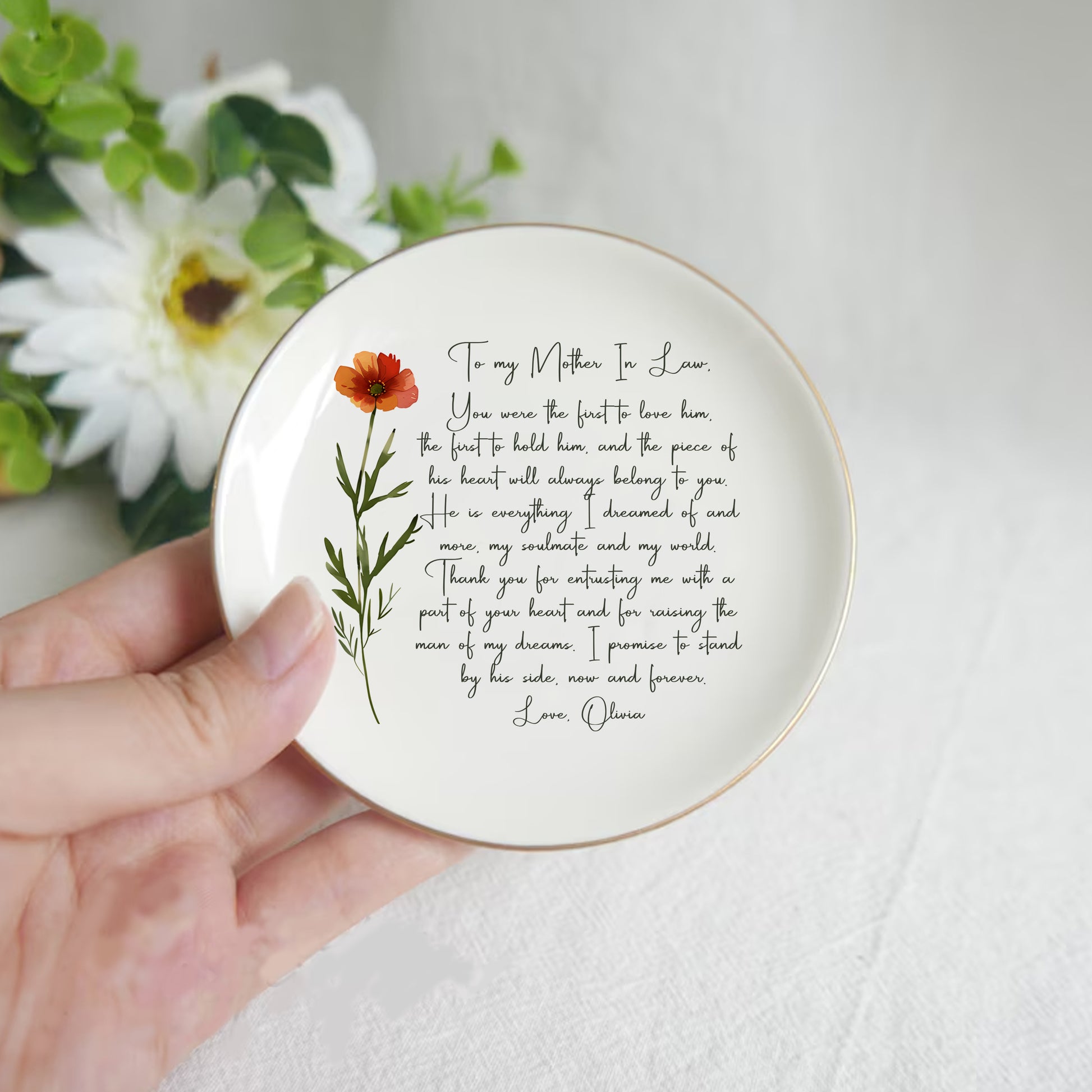 Personalized Wedding Ring Dish For Mother In Law • Gift From Bride • Custom Flower Trinket Tray With Message • Wedding Keepsake • Keepsake Gift