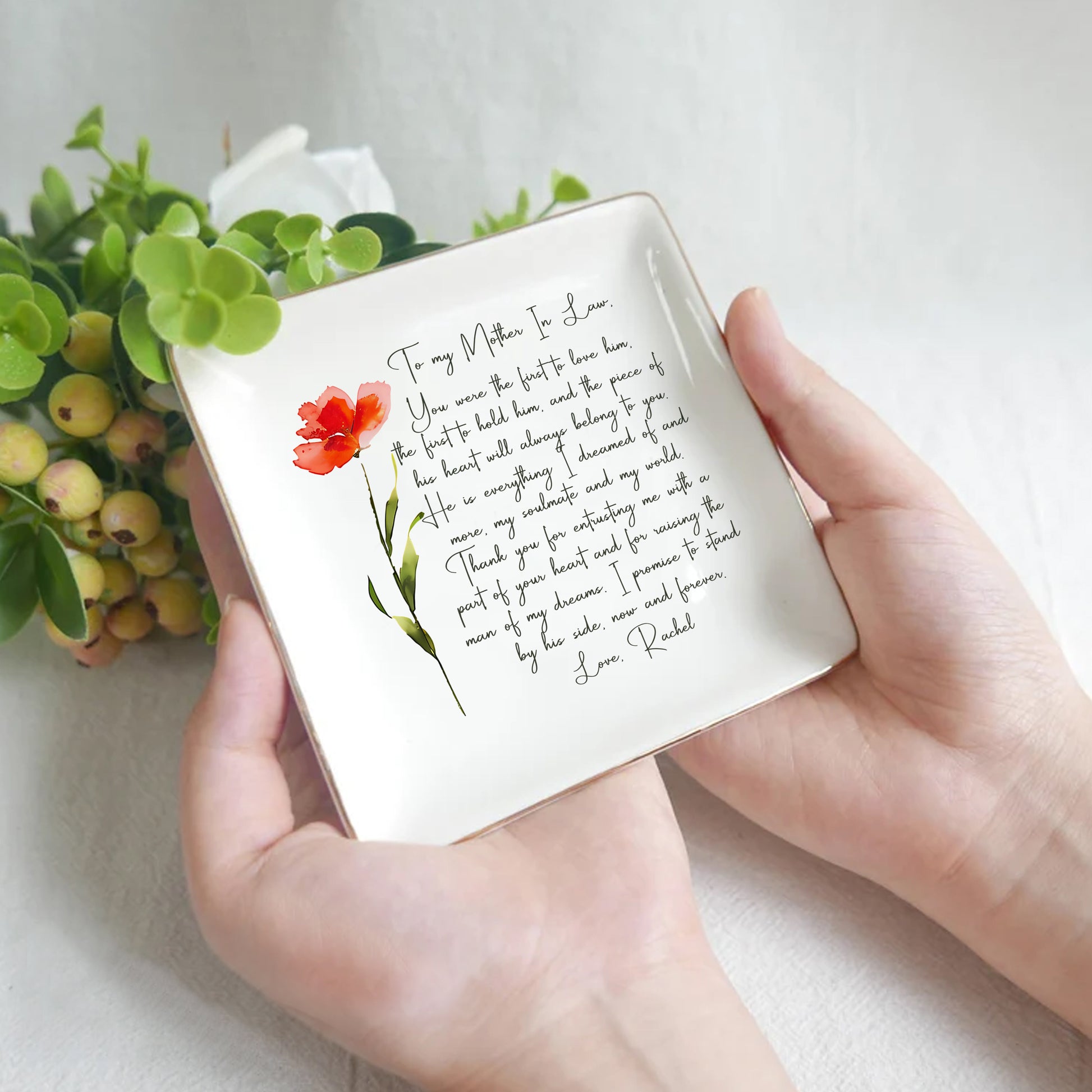 Personalized Wedding Ring Dish For Mother In Law • Gift From Bride • Custom Flower Trinket Tray With Message • Wedding Keepsake • Keepsake Gift