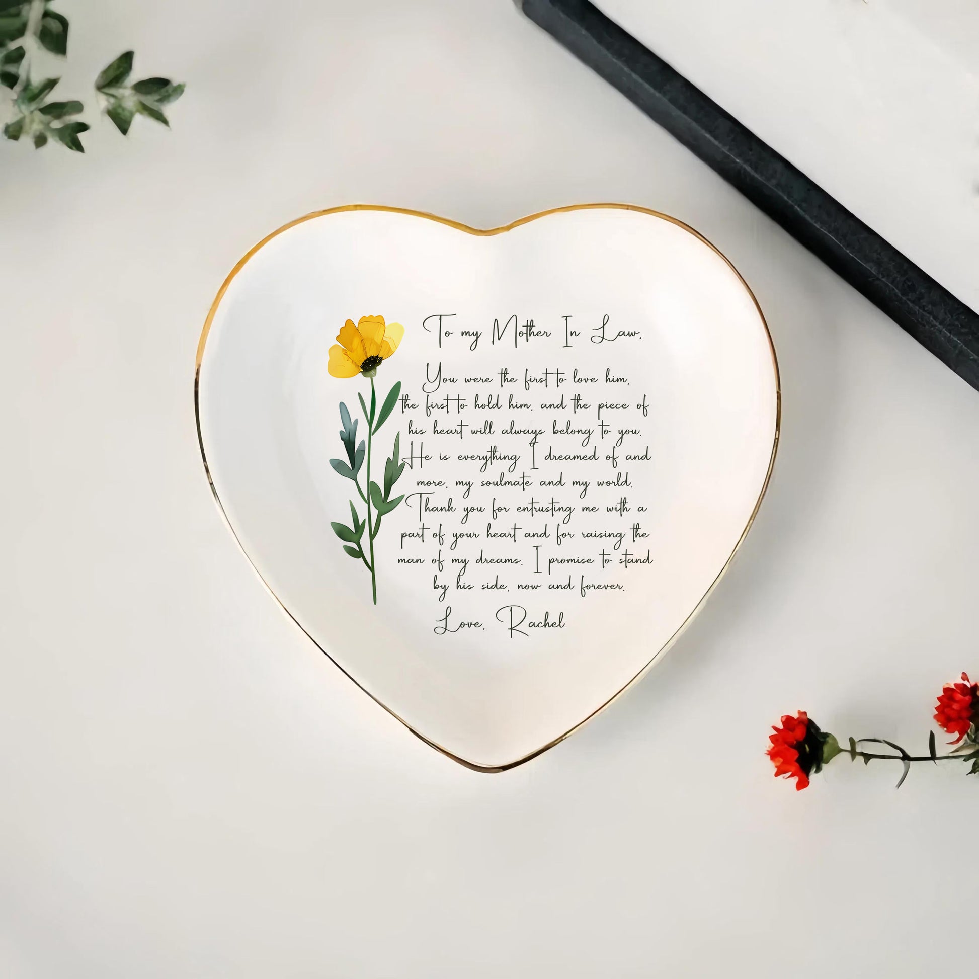 Personalized Wedding Ring Dish For Mother In Law • Gift From Bride • Custom Flower Trinket Tray With Message • Wedding Keepsake • Keepsake Gift