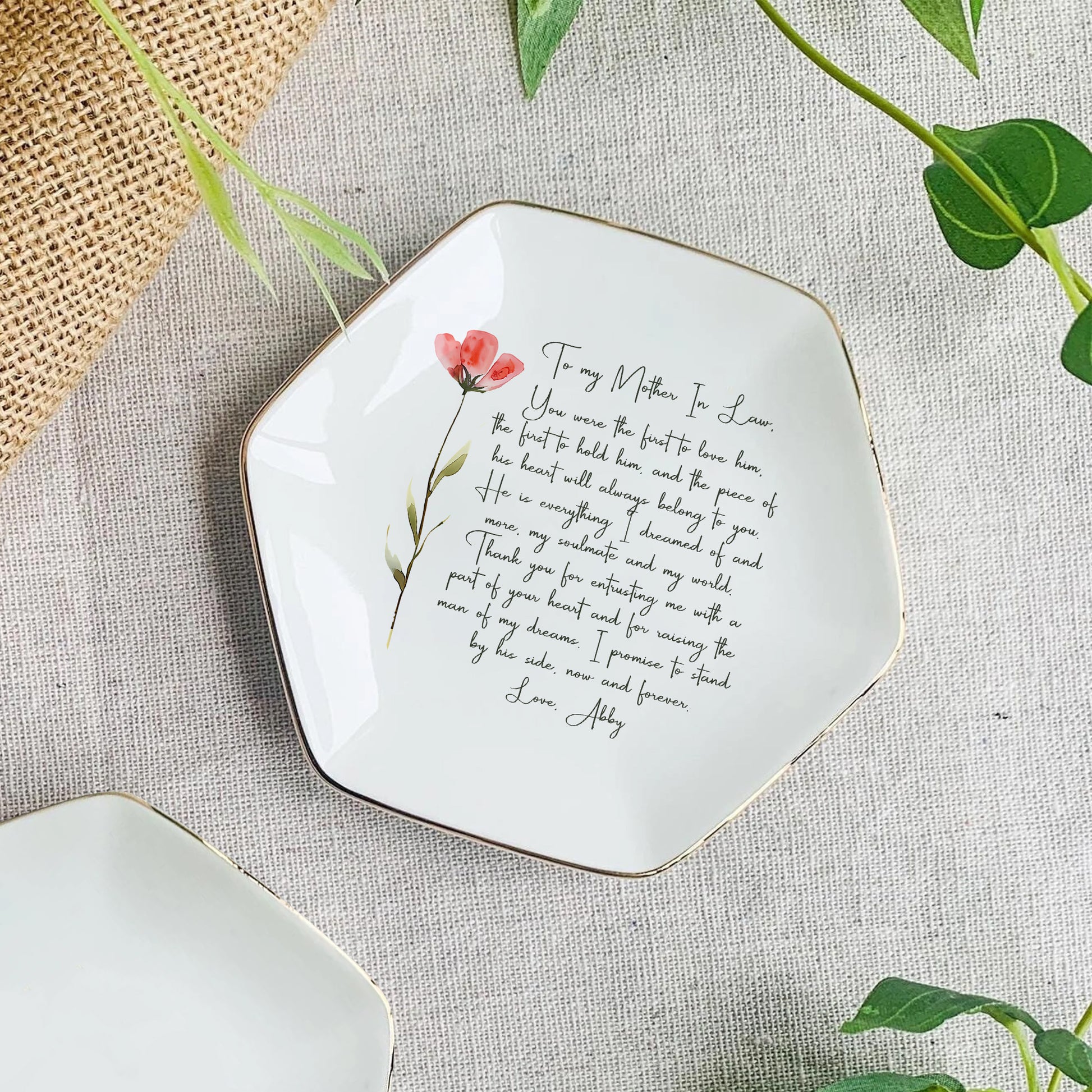 Personalized Wedding Ring Dish For Mother In Law • Gift From Bride • Custom Flower Trinket Tray With Message • Wedding Keepsake • Keepsake Gift