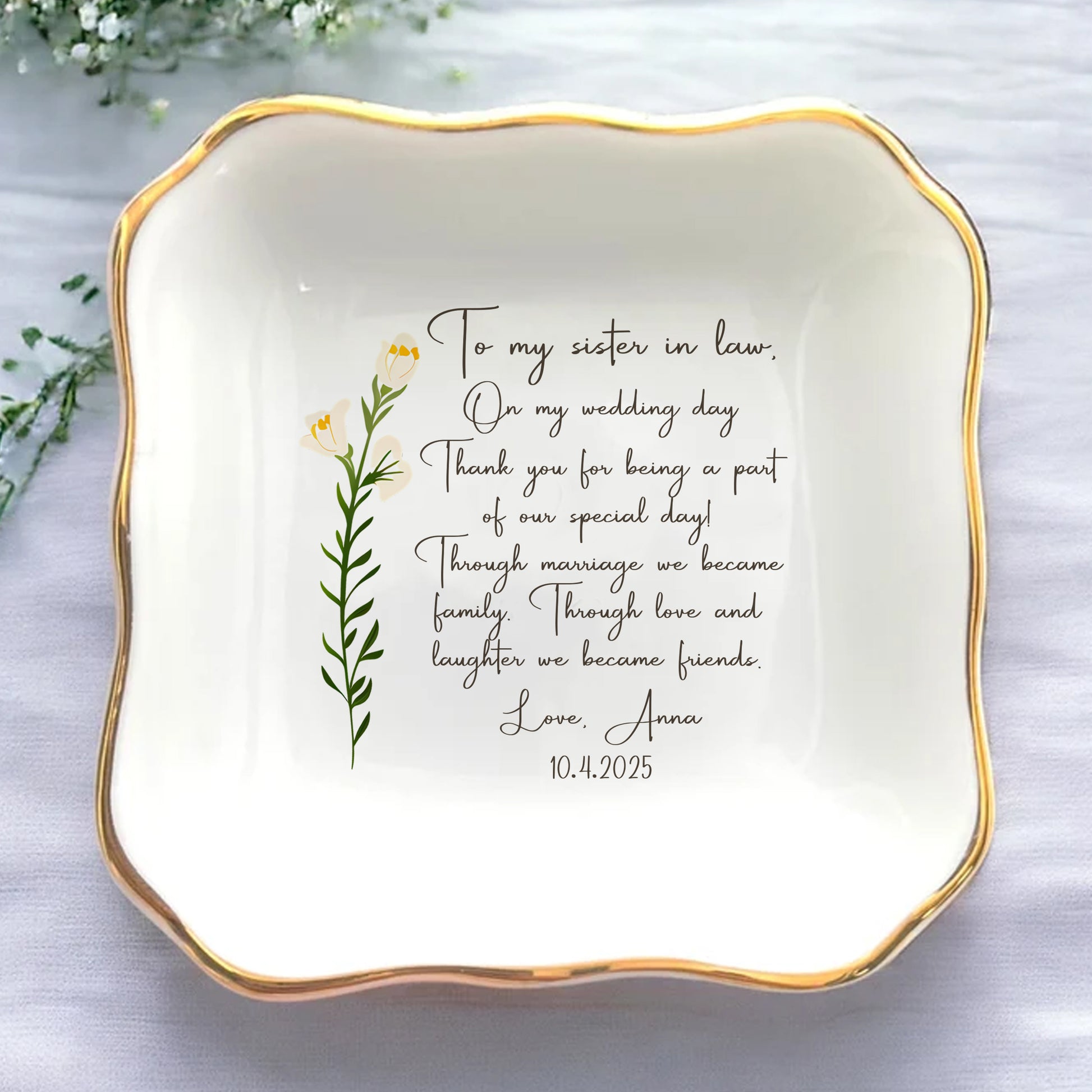 Personalized Wedding Gift For Sister In Law Trinket Dish • Custom Watercolor Flower Ring Dish With Message From Bride • Sister Of The Groom Jewelry Tray • Birthday Gift • Keepsake Gift