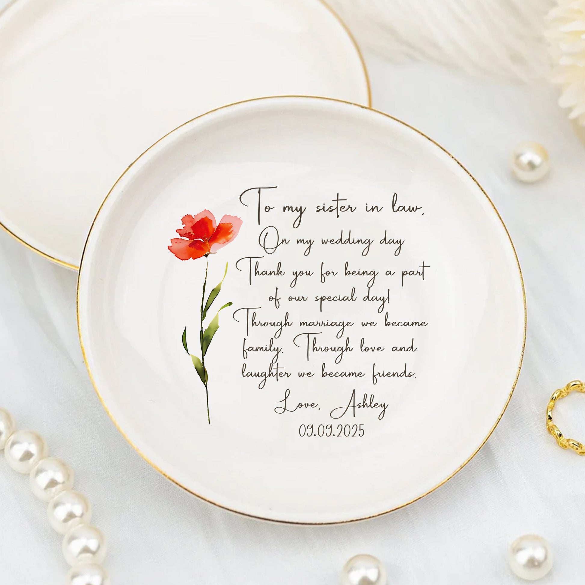 Personalized Wedding Gift For Sister In Law Trinket Dish • Custom Watercolor Flower Ring Dish With Message From Bride • Sister Of The Groom Jewelry Tray • Birthday Gift • Keepsake Gift