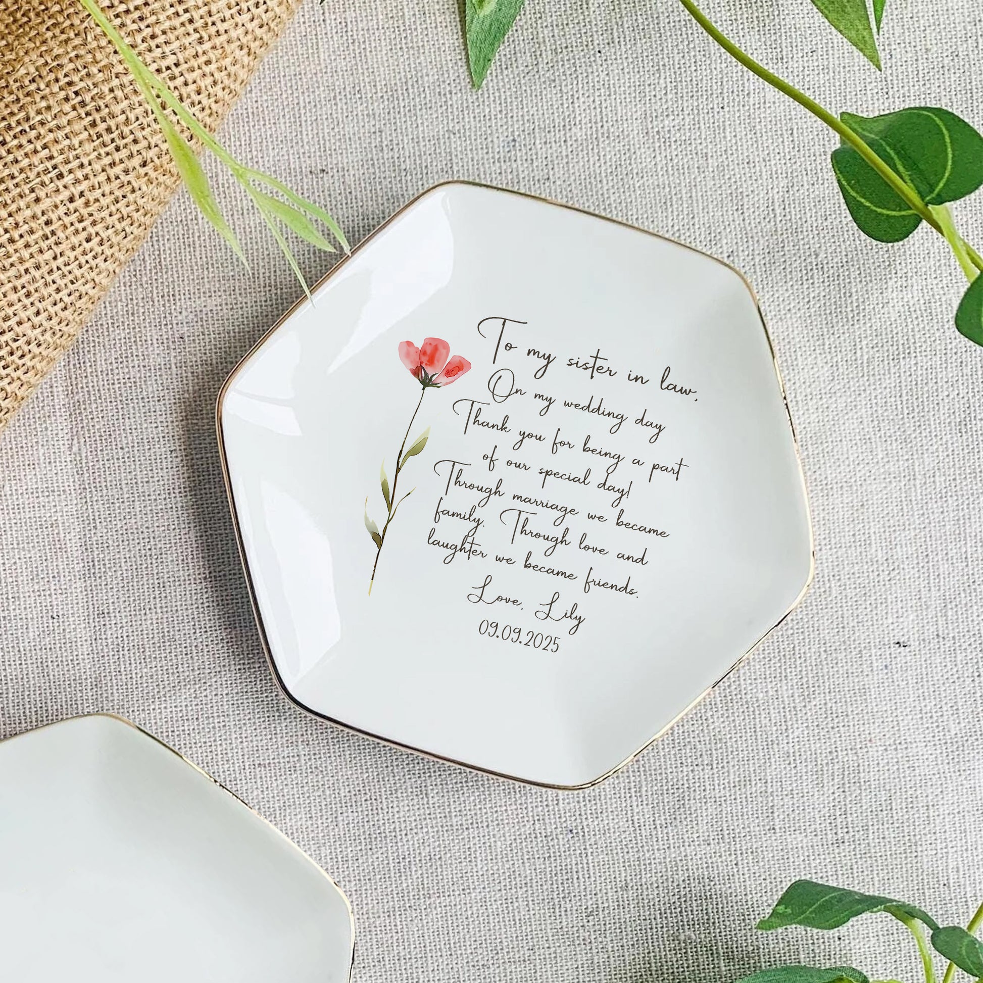 Personalized Wedding Gift For Sister In Law Trinket Dish • Custom Watercolor Flower Ring Dish With Message From Bride • Sister Of The Groom Jewelry Tray • Birthday Gift • Keepsake Gift