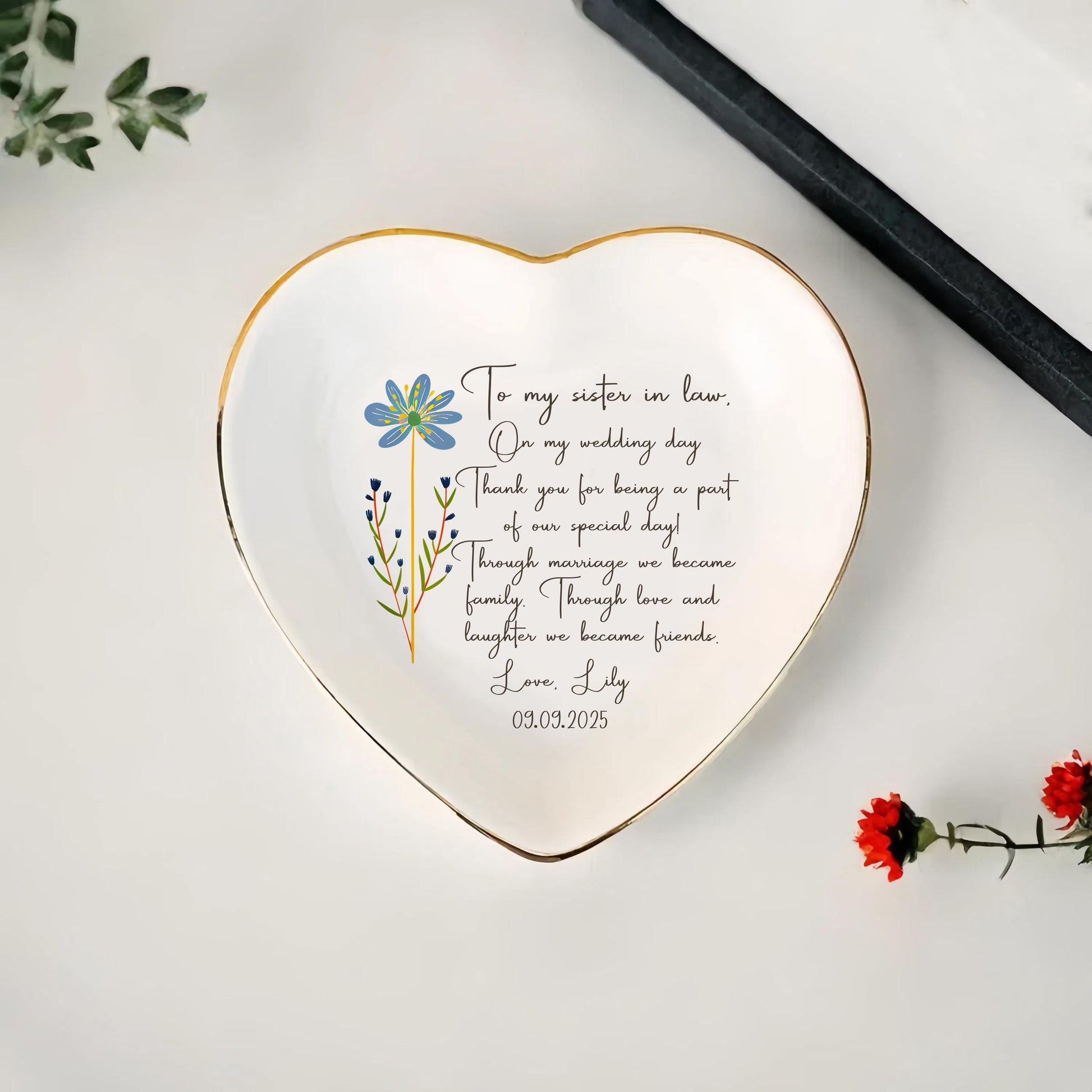 Personalized Wedding Gift For Sister In Law Trinket Dish • Custom Watercolor Flower Ring Dish With Message From Bride • Sister Of The Groom Jewelry Tray • Birthday Gift • Keepsake Gift