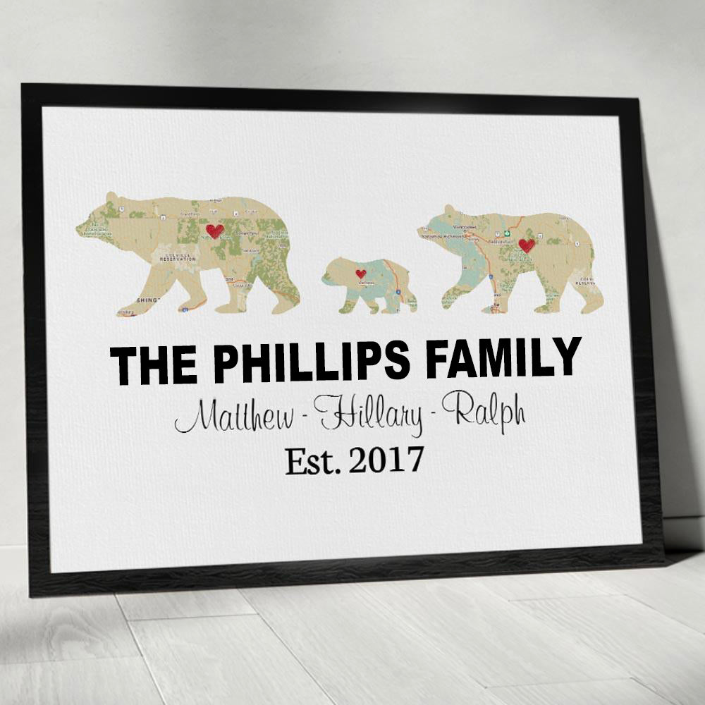 Bear Family Retro Map - Premium Canvas, Poster