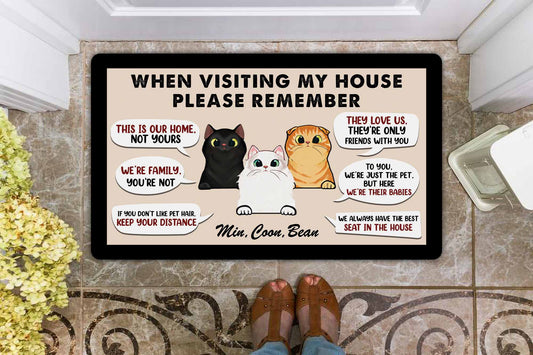 Doormat with cartoon cats and humorous text message on a tiled floor.