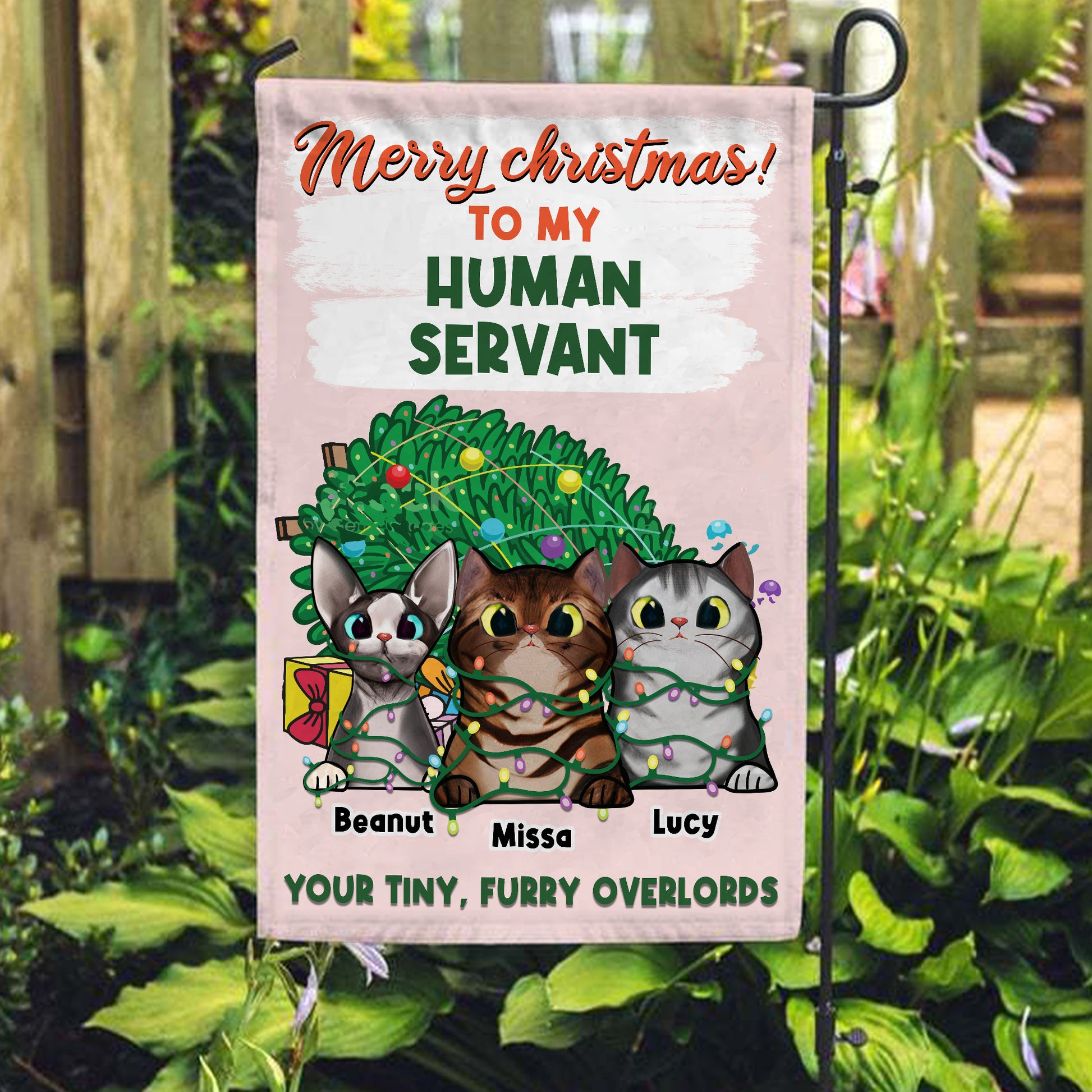 Merry Christmas Human Servant Flag • Personalized Dog & Cat Garden Flag • Custom Welcome Flag • For Pet Lovers