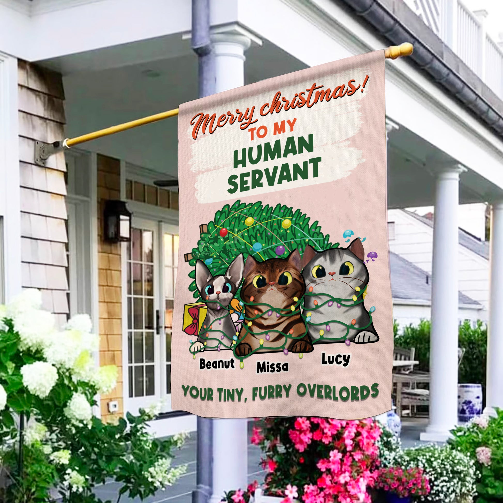 Merry Christmas Human Servant Flag • Personalized Dog & Cat Garden Flag • Custom Welcome Flag • For Pet Lovers