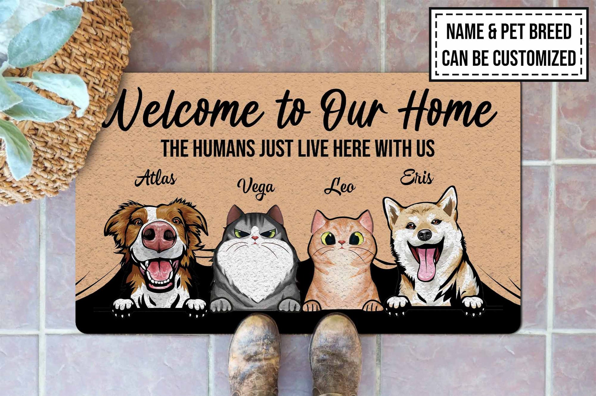 Welcome To Our Home Dog & Cat Funny Doormat • Custom Doormat For Pet Lovers • Personalized Welcome Rug • Front Door Mat • Outdoor Rug