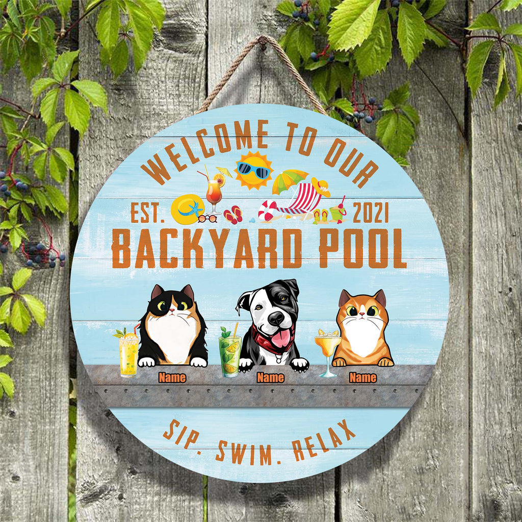 Welcome To Our Backyard Pool • Customized Dog And Cat Wood Sign • Personalized Door Sign • Front Door Hanger