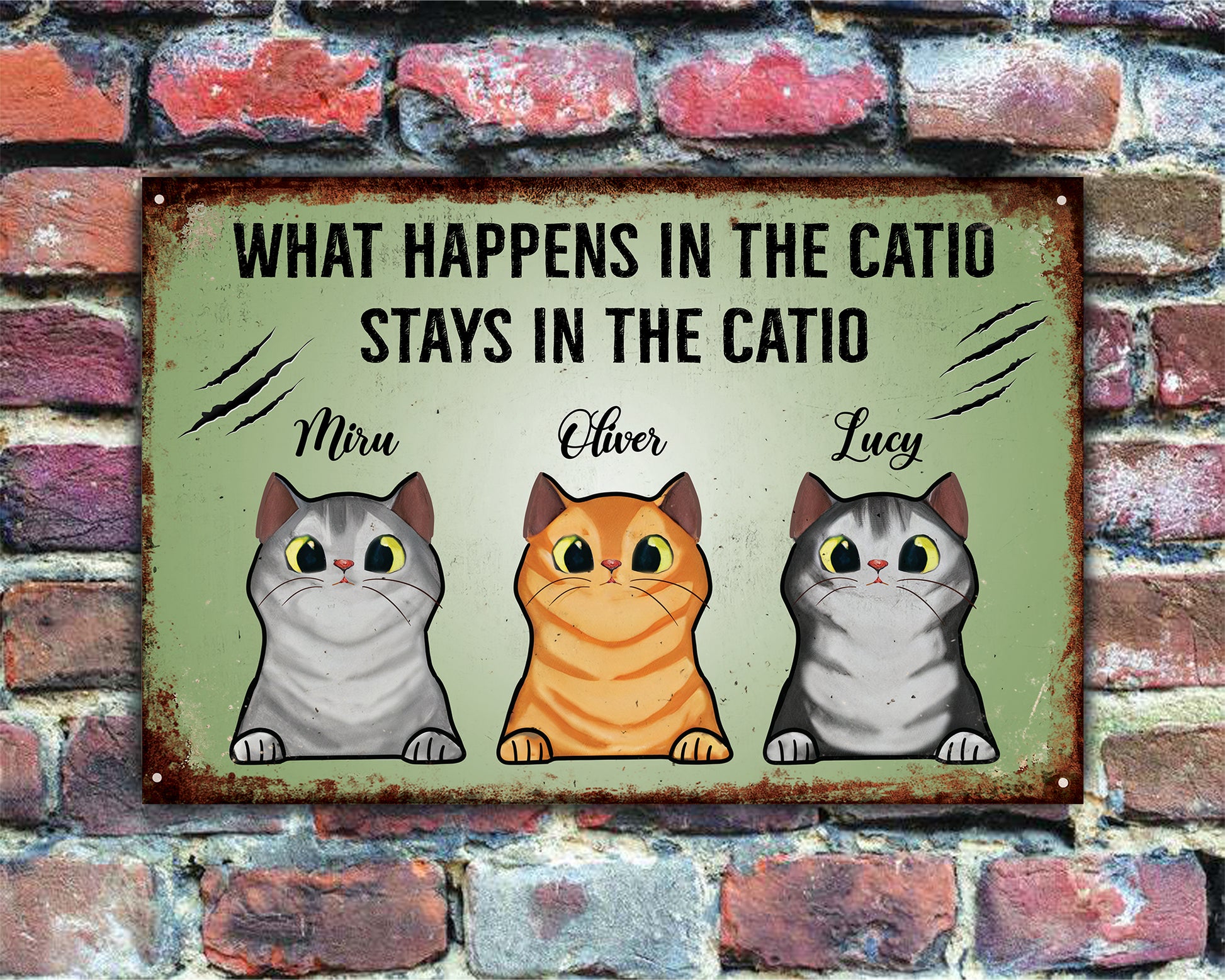 Metal sign with cartoon cats and text on a brick wall background