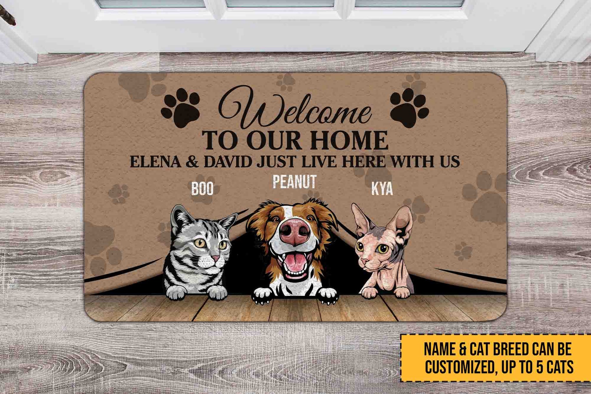 Personalized doormat with cartoon pets and customizable text on a wooden floor.