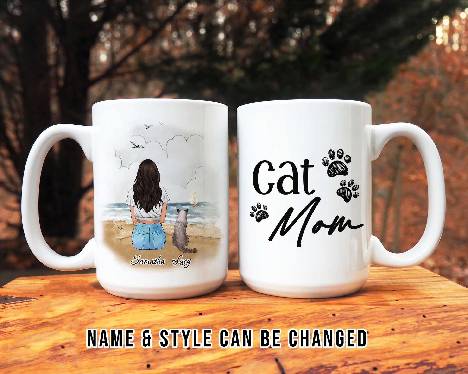 Cat And Mom Mug • Custom Cat Mom Portrait • Personalized Keepsake Gift For Cat Mama • Girl With Cat Portrait