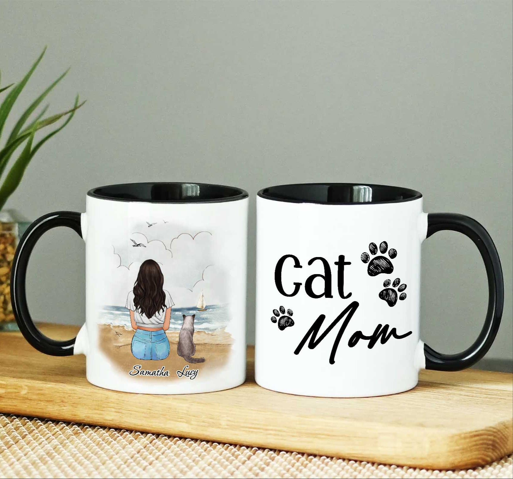 Cat And Mom Mug • Custom Cat Mom Portrait • Personalized Keepsake Gift For Cat Mama • Girl With Cat Portrait