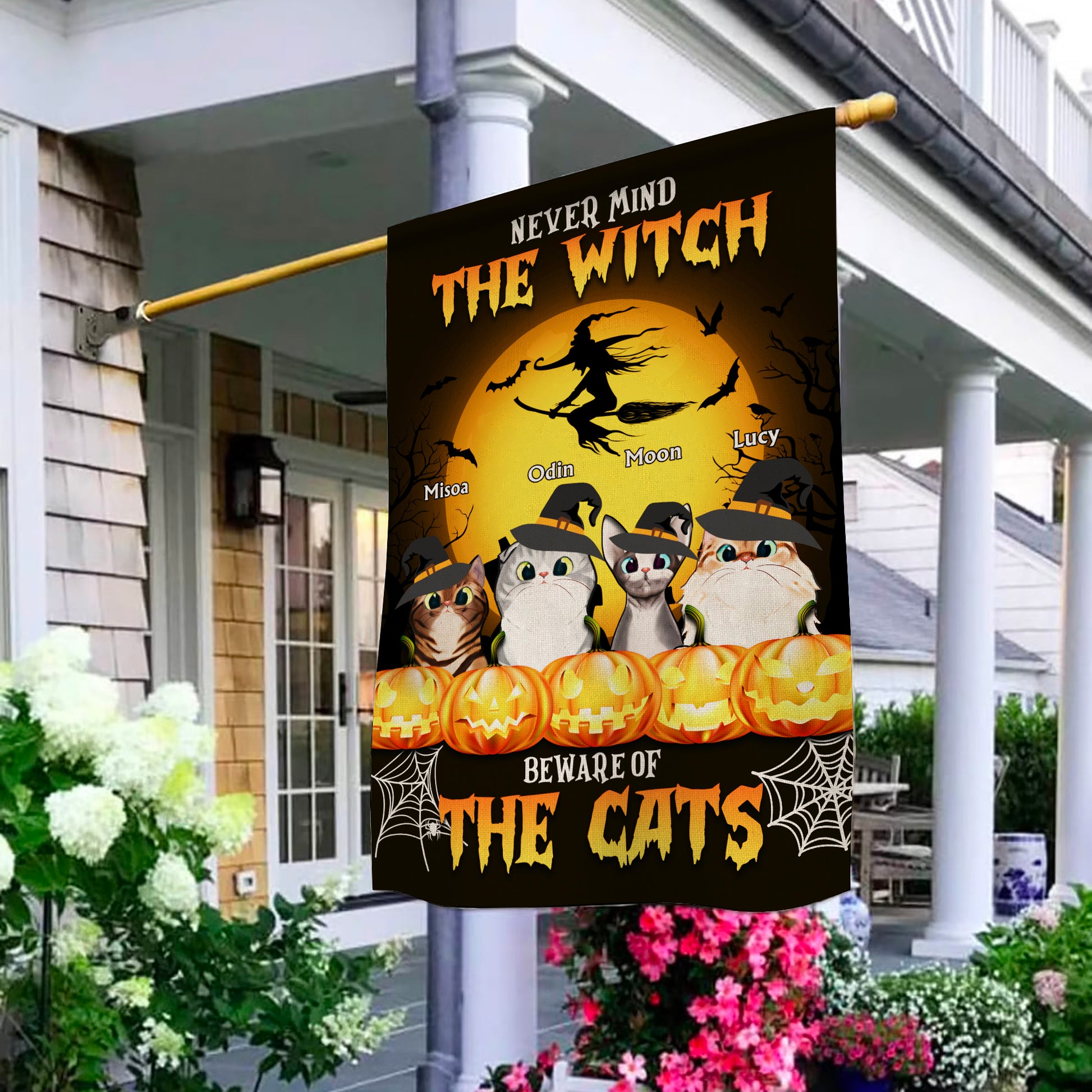 Never Mind The Witch Beware Of The Cats Halloween Flag • Funny Halloween Decoration Flag • Personalized Dog & Cat Garden Flag • Custom Welcome Flag