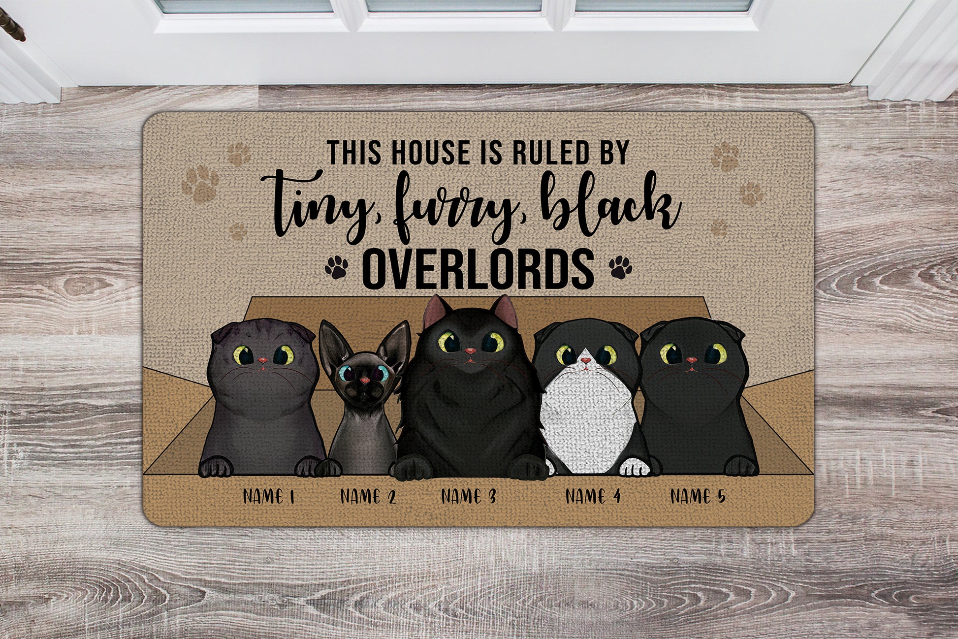 Doormat with cartoon cats and humorous text on a wooden floor