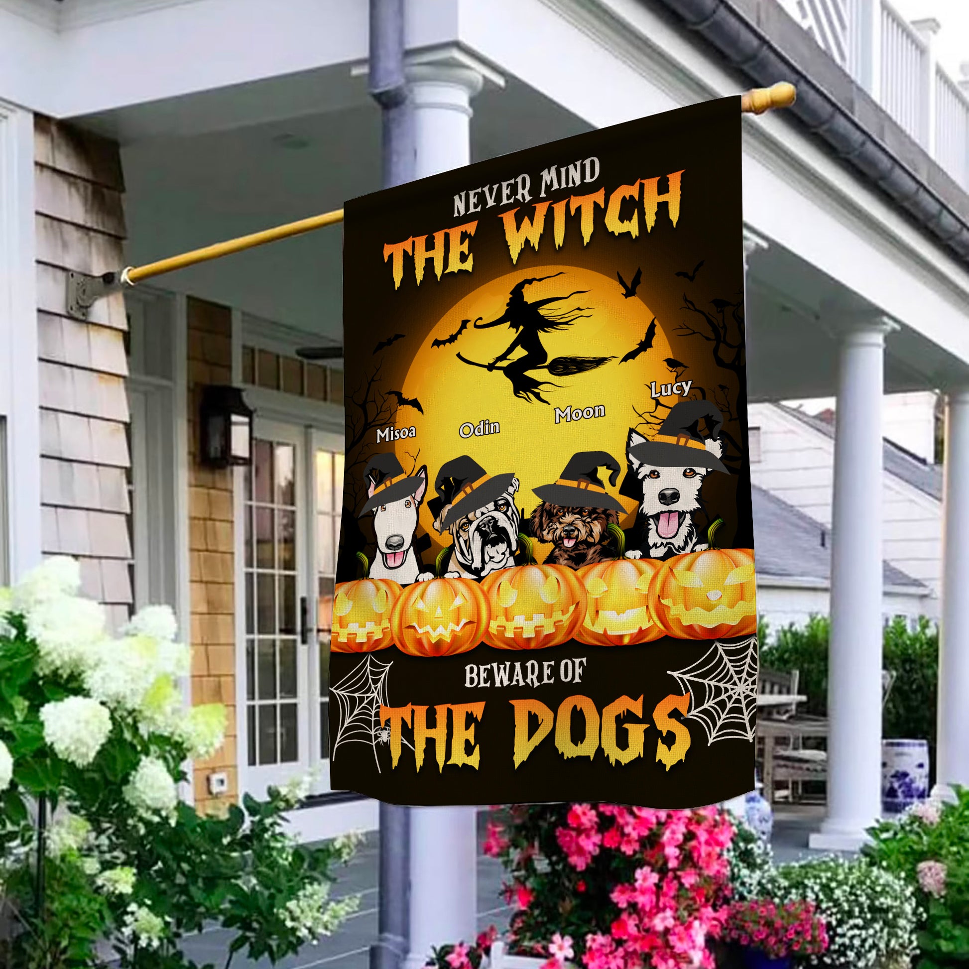 Never Mind The Witch Beware Of The Dogs • Funny Halloween Decoration Flag • Personalized Dog & Cat Garden Flag • Custom Welcome Flag