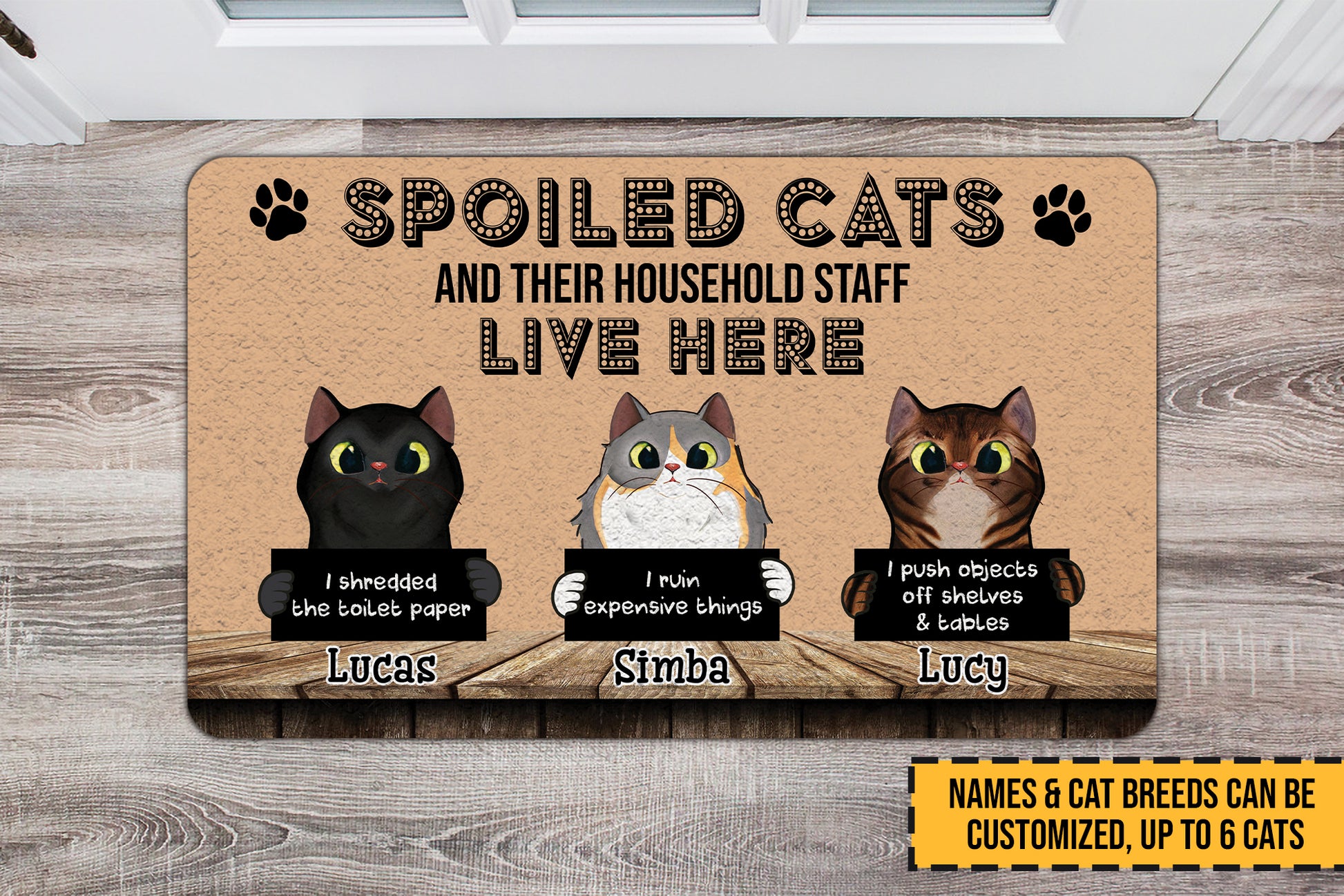 Spoiled Cats And Their Household Staff Live Here Funny Doormat • Custom Doormat For Cat Lovers • Personalized Cat Welcome Rug • Vintage Front Door Mat • Outdoor Rug