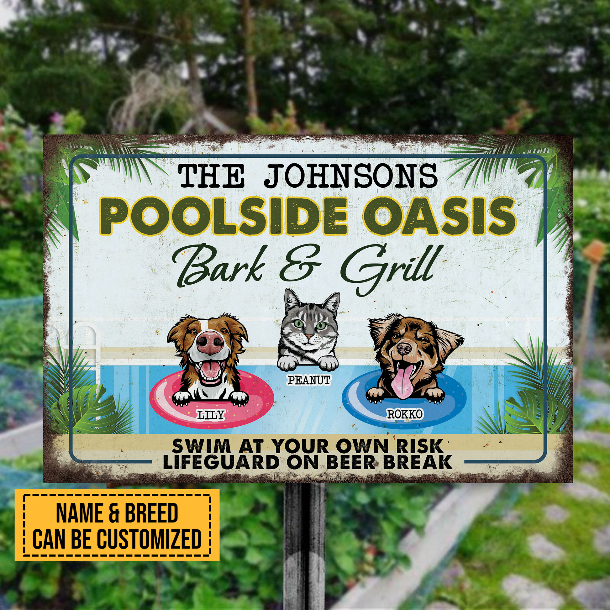 Welcome To The Poolside Oasis Bark & Grill Sign • Custom Metal Sign For Pet Lovers • Personalized Dog & Cat Welcome Sign • Outdoor Sign • Backyard Sign • Funny Swimming Pool Sign