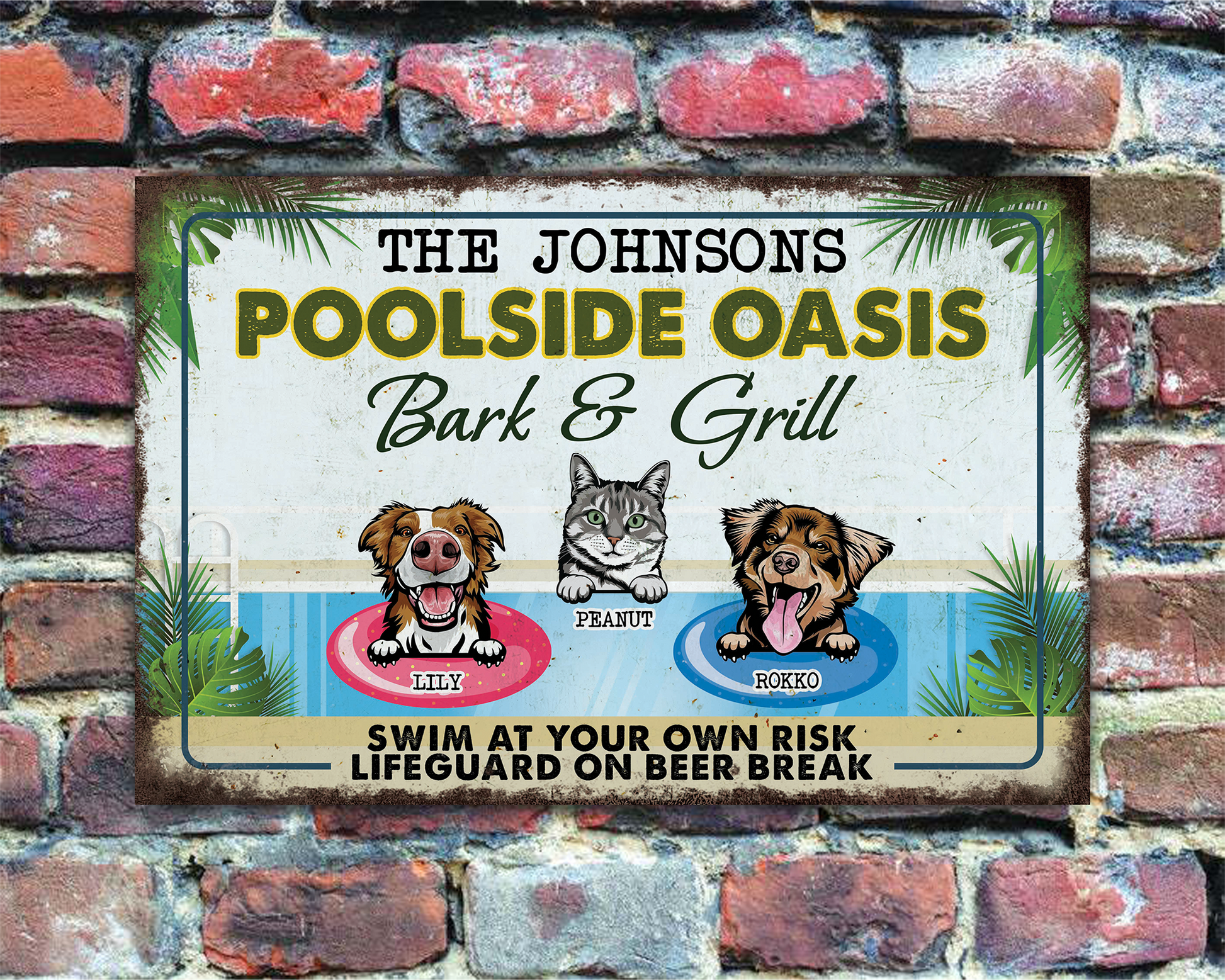 Welcome To The Poolside Oasis Bark & Grill Sign • Custom Metal Sign For Pet Lovers • Personalized Dog & Cat Welcome Sign • Outdoor Sign • Backyard Sign • Funny Swimming Pool Sign