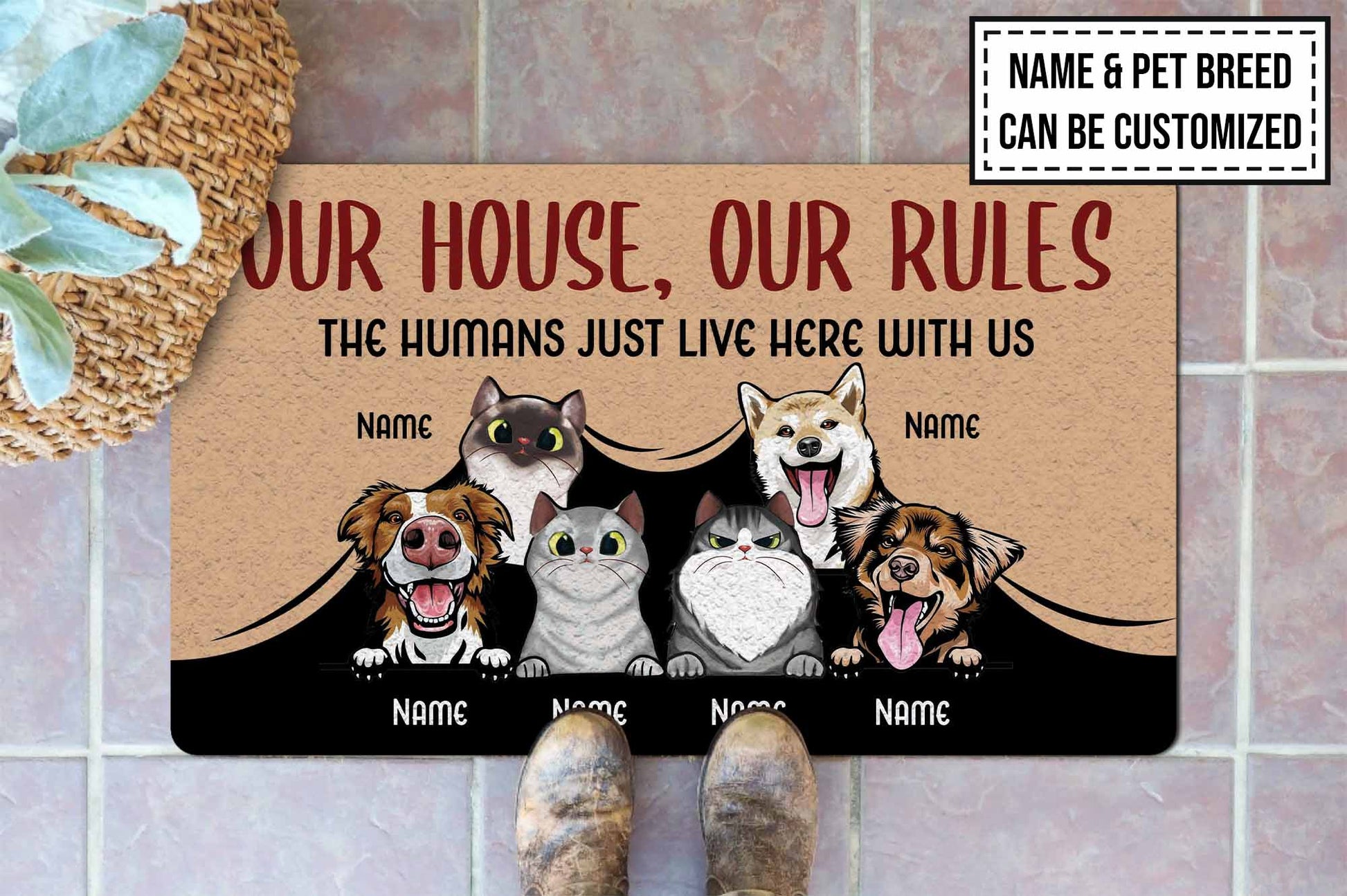 Personalized doormat with cartoon dogs and cats and customizable text on a tiled floor.