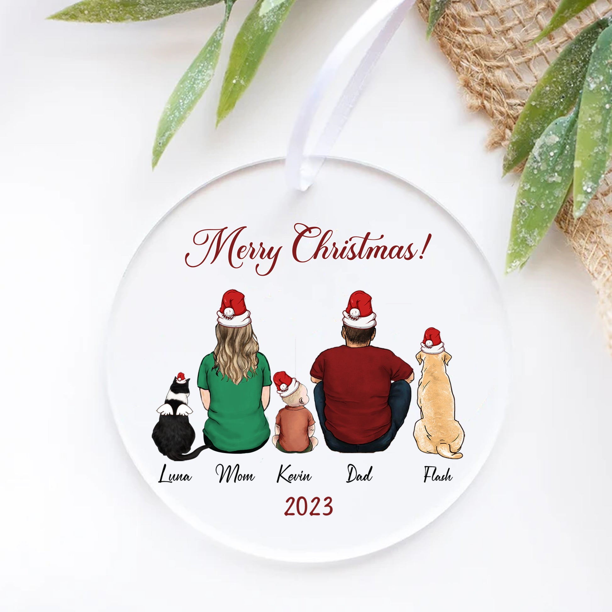 Personalized Christmas ornament with family and pets on a white background