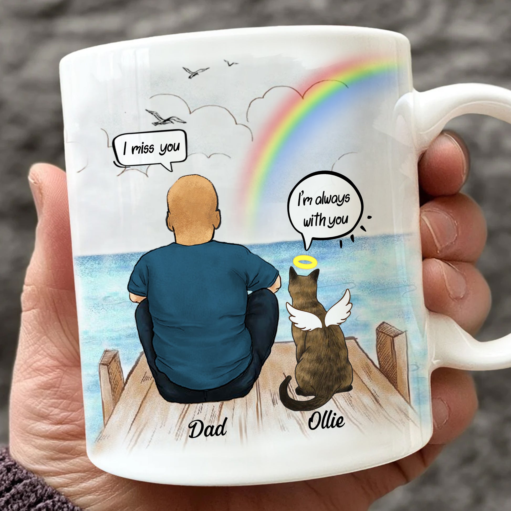 Cat And Dad Custom Mug • Cat Dad Portrait • Personalized Memorial Gift For Loss Of Cat • Man With Cat Portrait