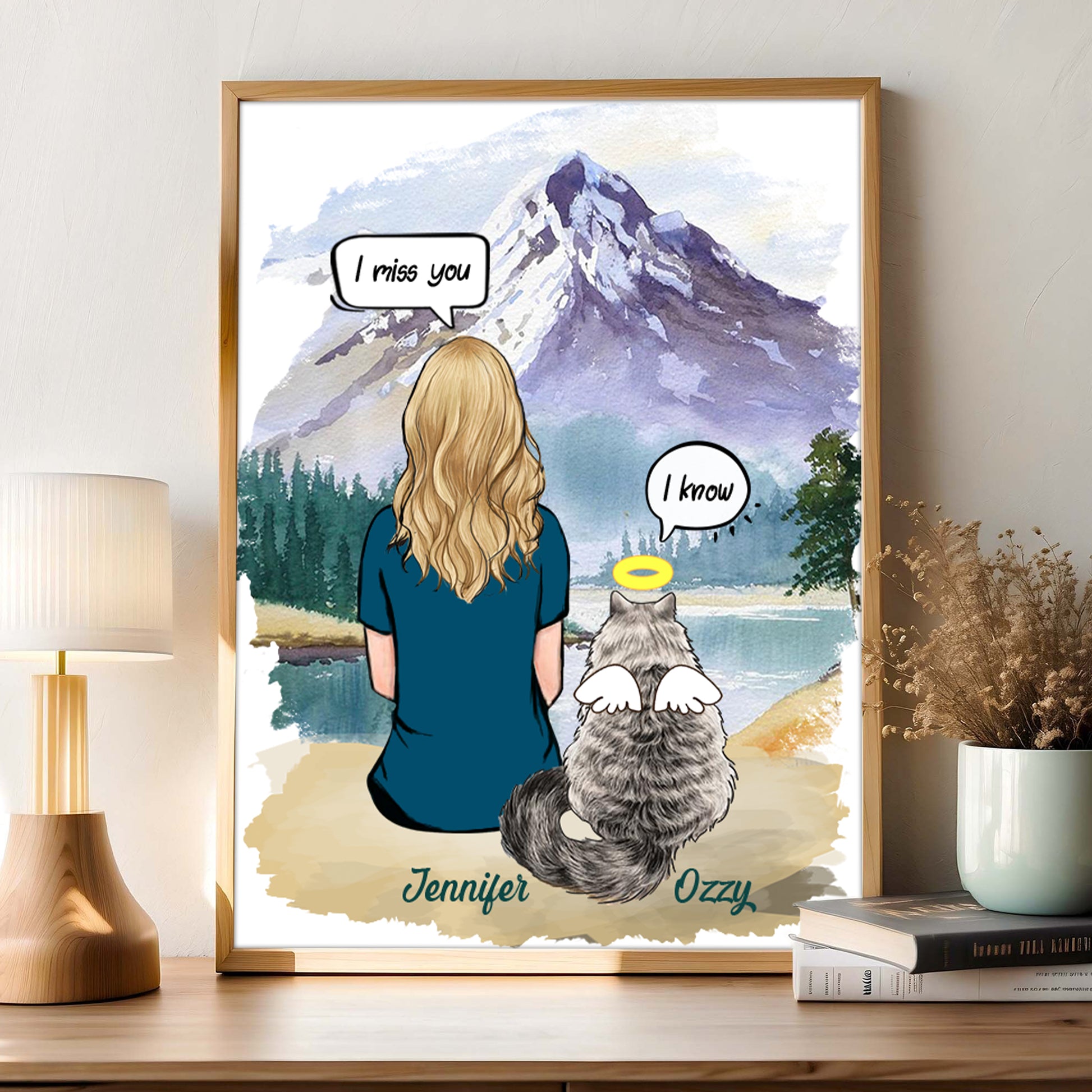 Dog And Mom Portrait Framed • Girl With Cat Wall Art • Custom Memorial Gift For Pet Lovers • Personalized Sympathy Gift • Keepsake Gift • Passed Over Gift