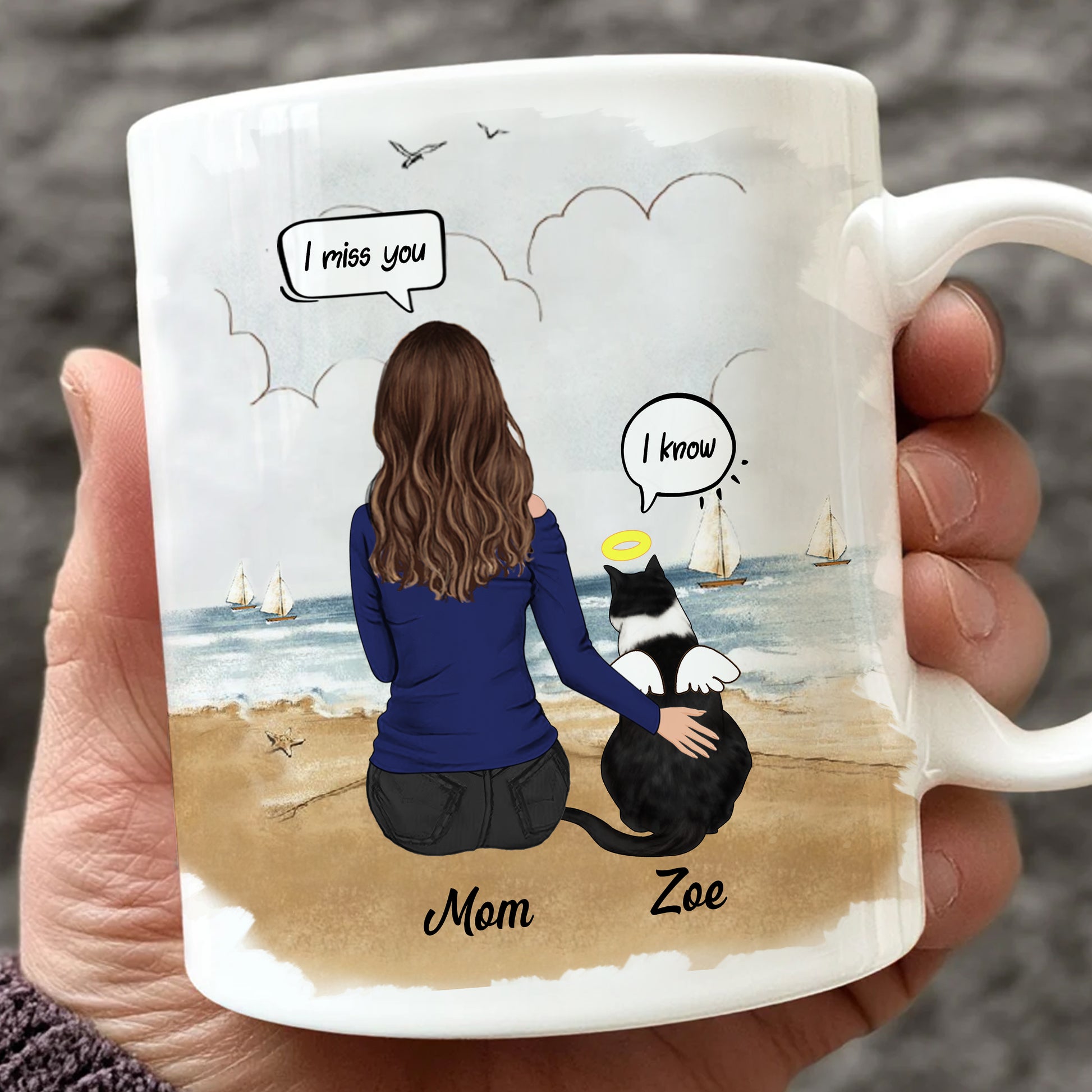 Cat And Mom Mug • Custom Cat Mom Portrait • Personalized Memorial Gift For Loss Of Cat • Girl With Cat Portrait