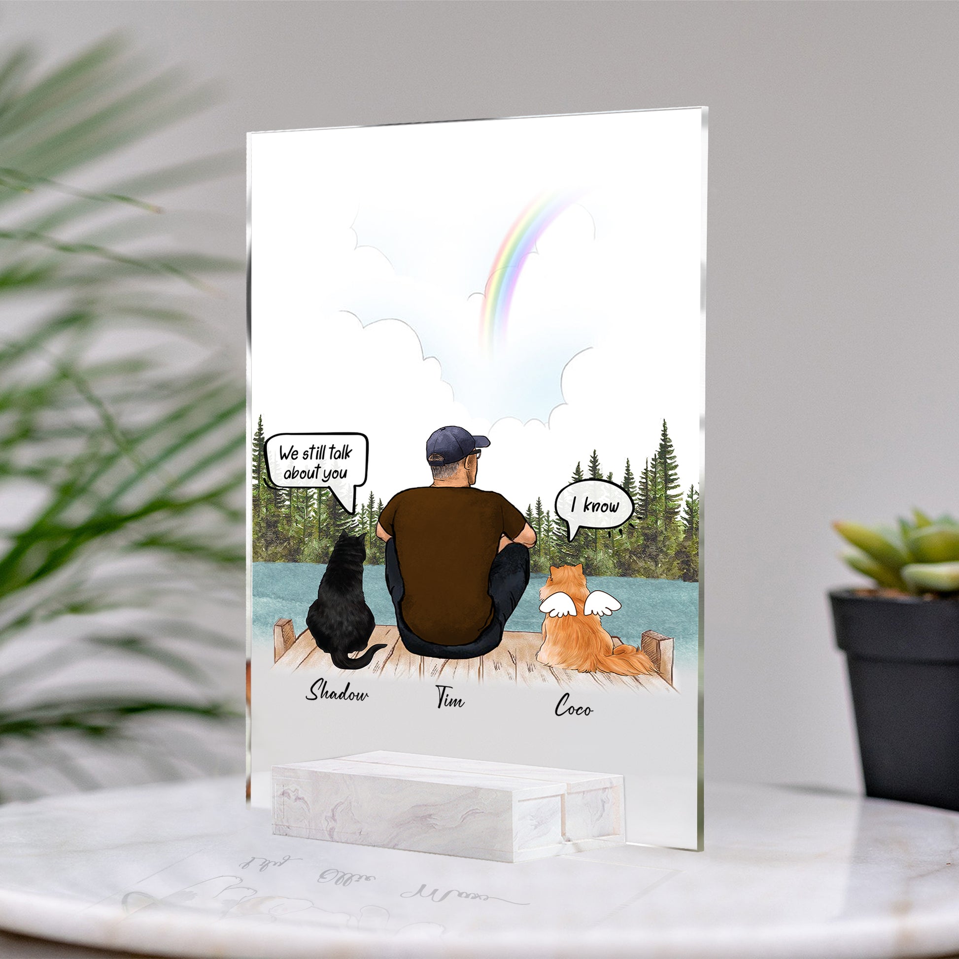 Cat And Dad Custom Framed • Cat Dad Portrait • Personalized Memorial Gift For Loss Of Cat • Man With Cat Portrait • Acrylic Plaque