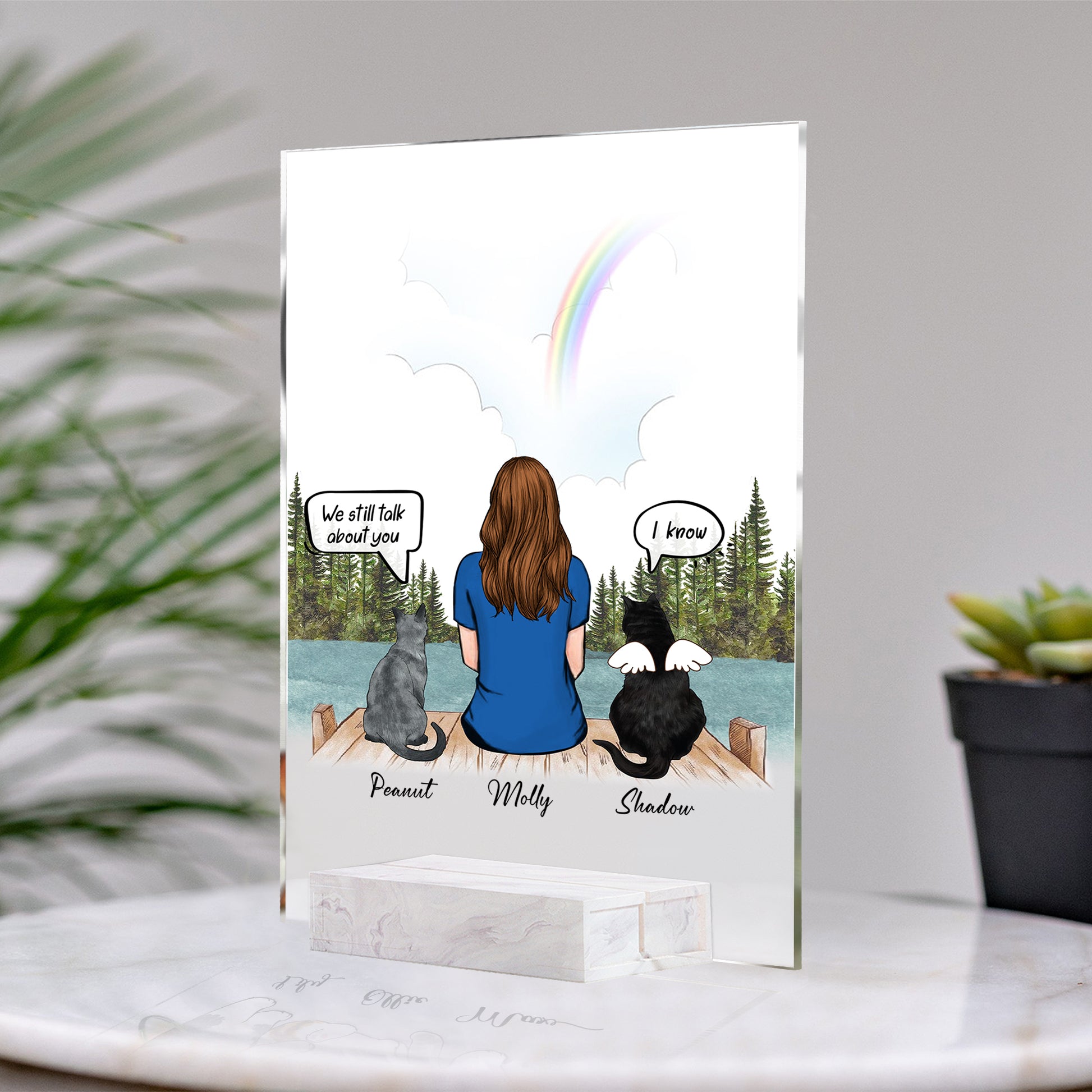 Cat And Mom Custom Framed • Cat Mom Portrait • Personalized Memorial Gift For Loss Of Cat • Girl With Cat Portrait • Acrylic Plaque