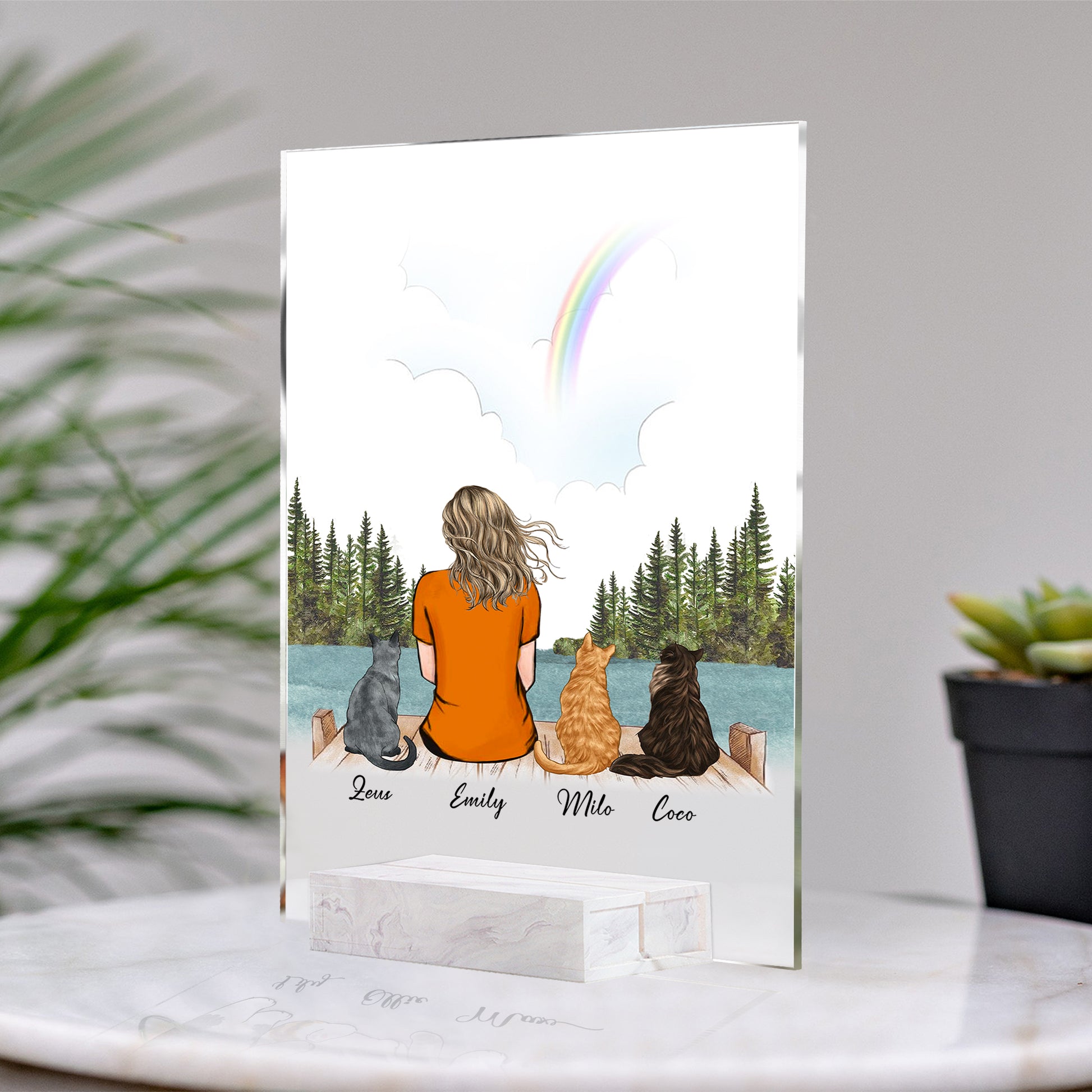 Cat And Mom Custom Framed • Cat Mom Portrait • Personalized Memorial Gift For Loss Of Cat • Girl With Cat Portrait • Acrylic Plaque