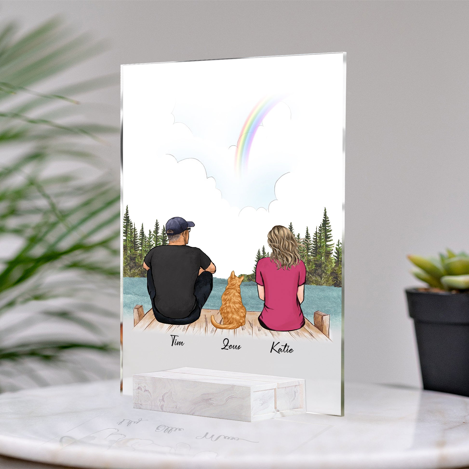 Cat And Dad Custom Framed • Cat Dad Portrait • Personalized Memorial Gift For Loss Of Cat • Man With Cat Portrait • Acrylic Plaque