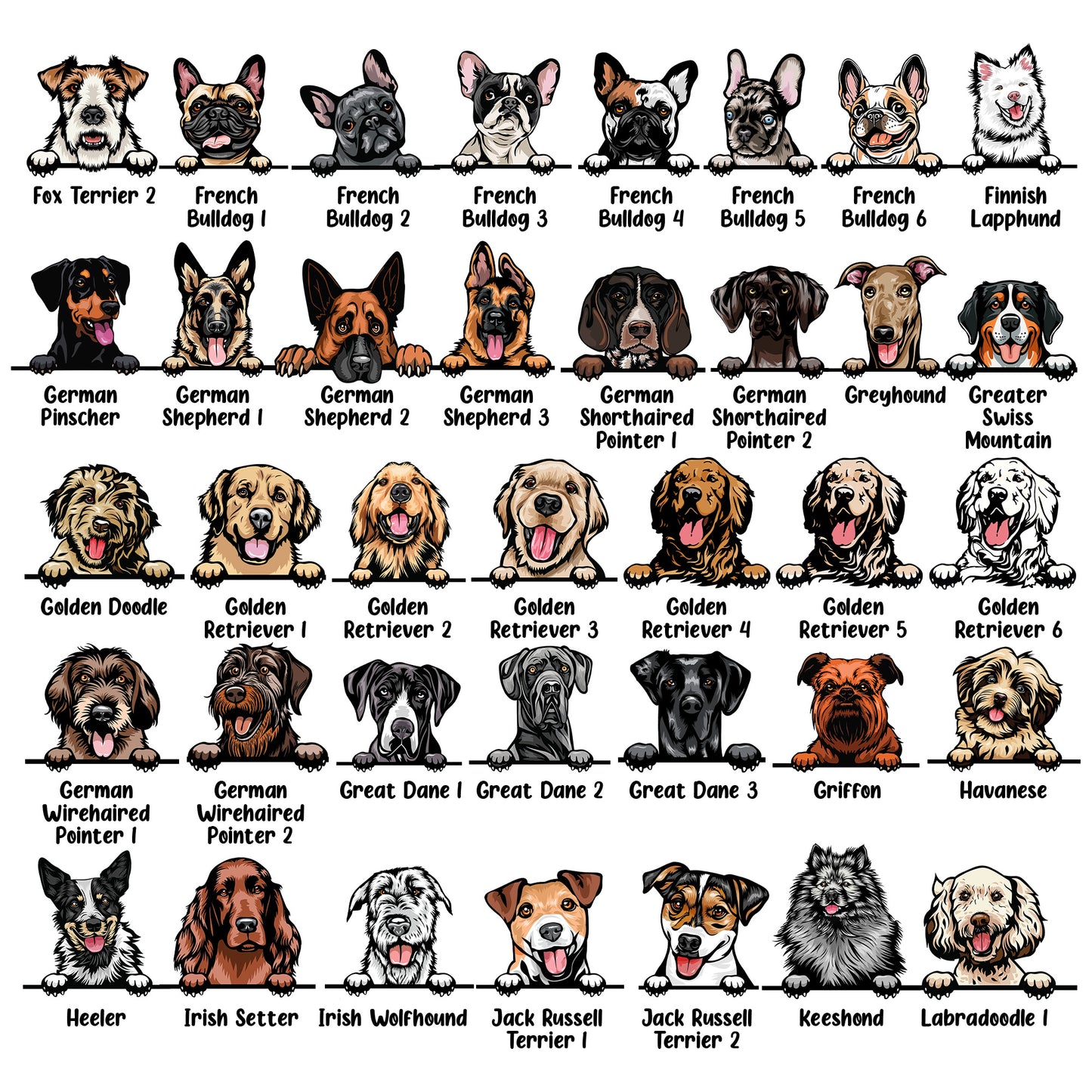 Illustrations of various dog breeds arranged in a grid.