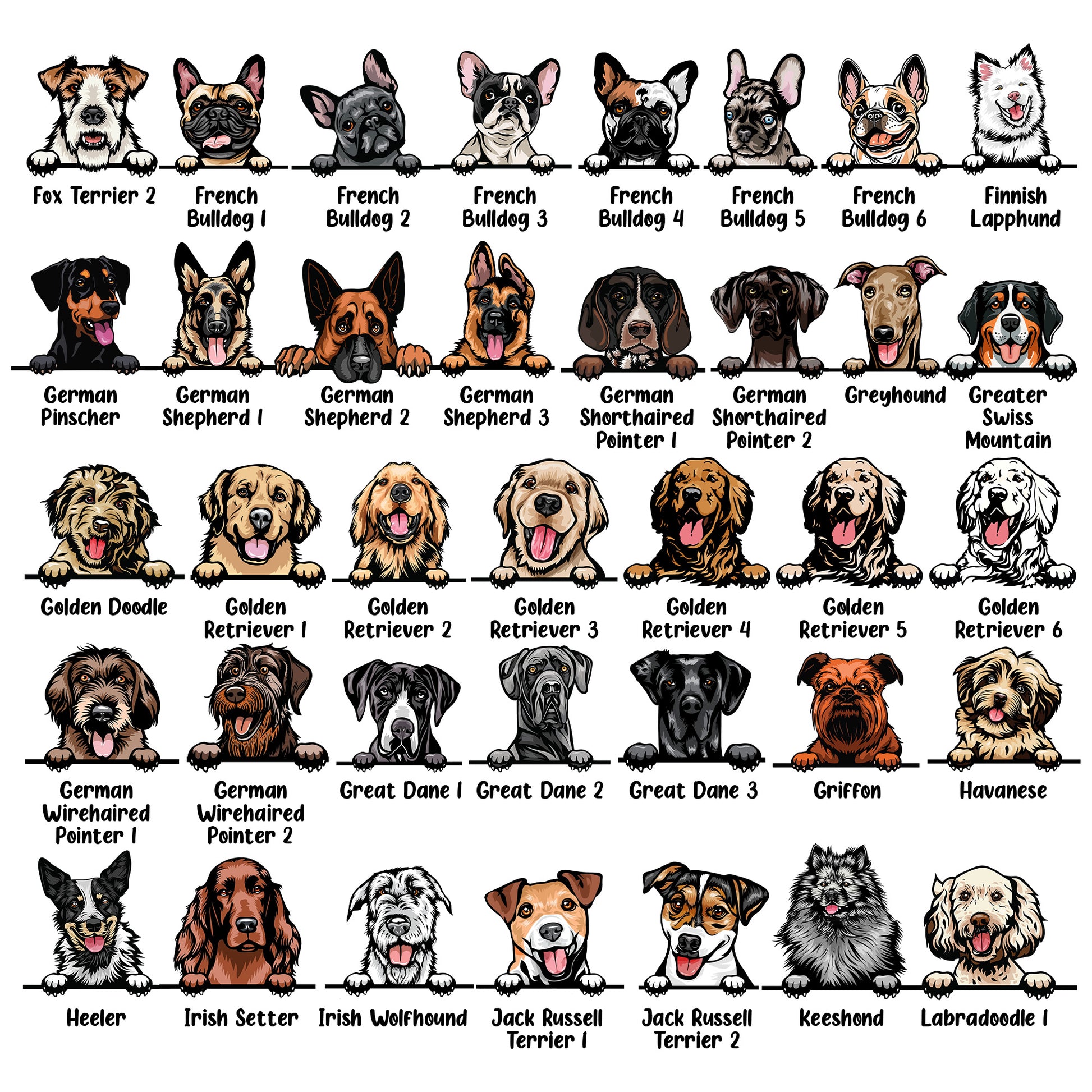 Illustrations of various dog breeds arranged in a grid.