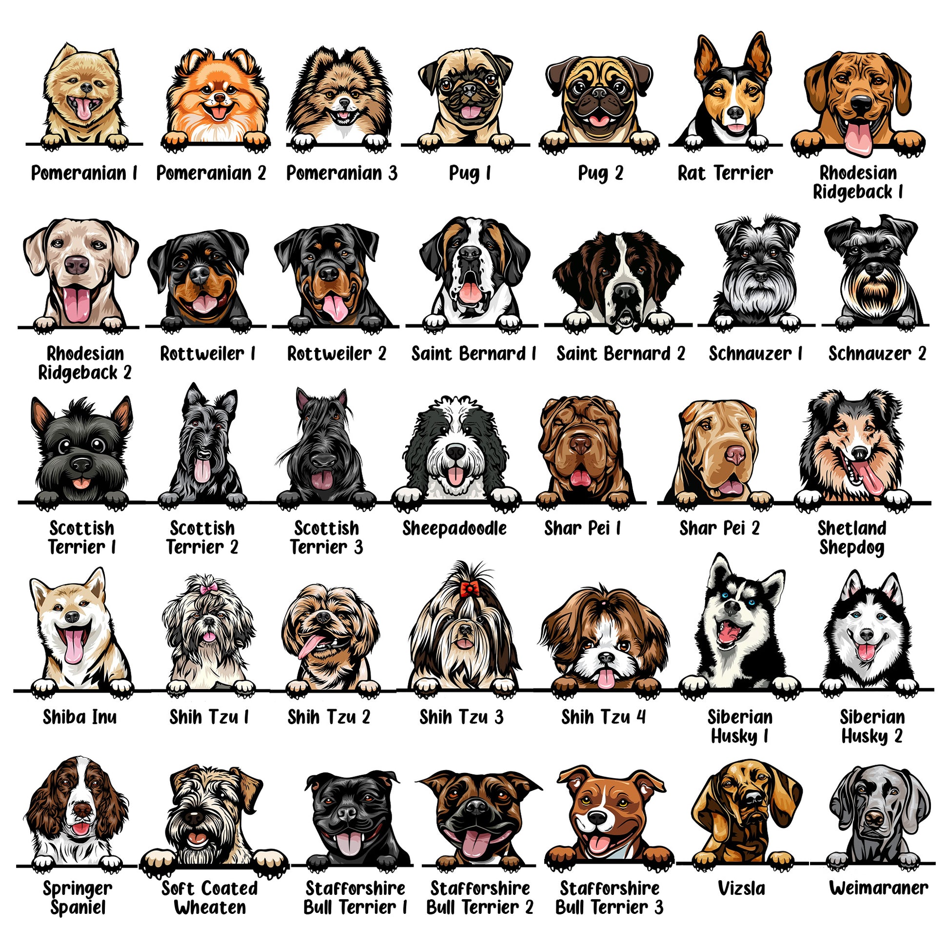 Illustrations of various dog breeds arranged in a grid.