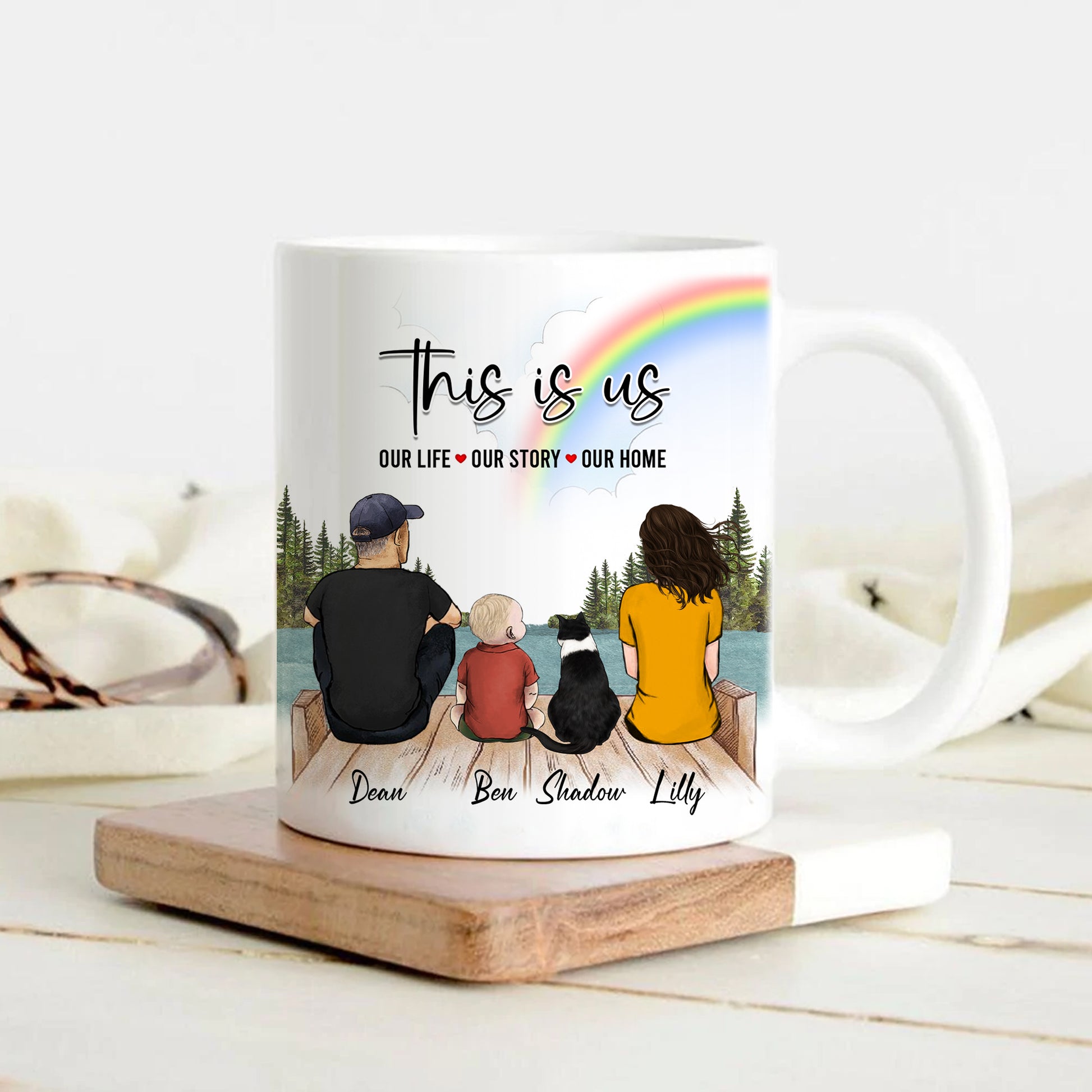 Custom Family Portrait Mug • Personalized Couple And Cat Mug • Keepsake Gift For Cat Family