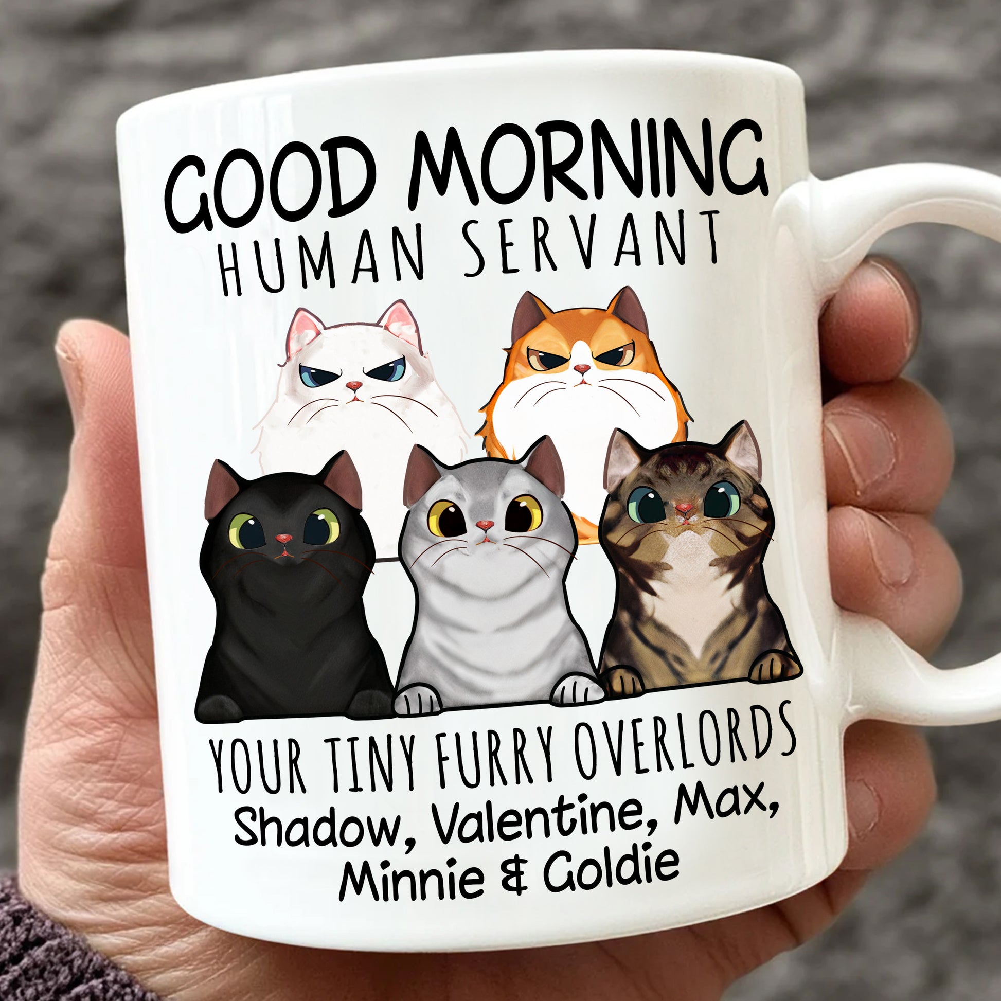 Good Morning Human Servant Your Tiny Furry Overlord • Custom Mug For Cat Lovers • Personalized Funny Gift For Cat Dad And Cat Mom