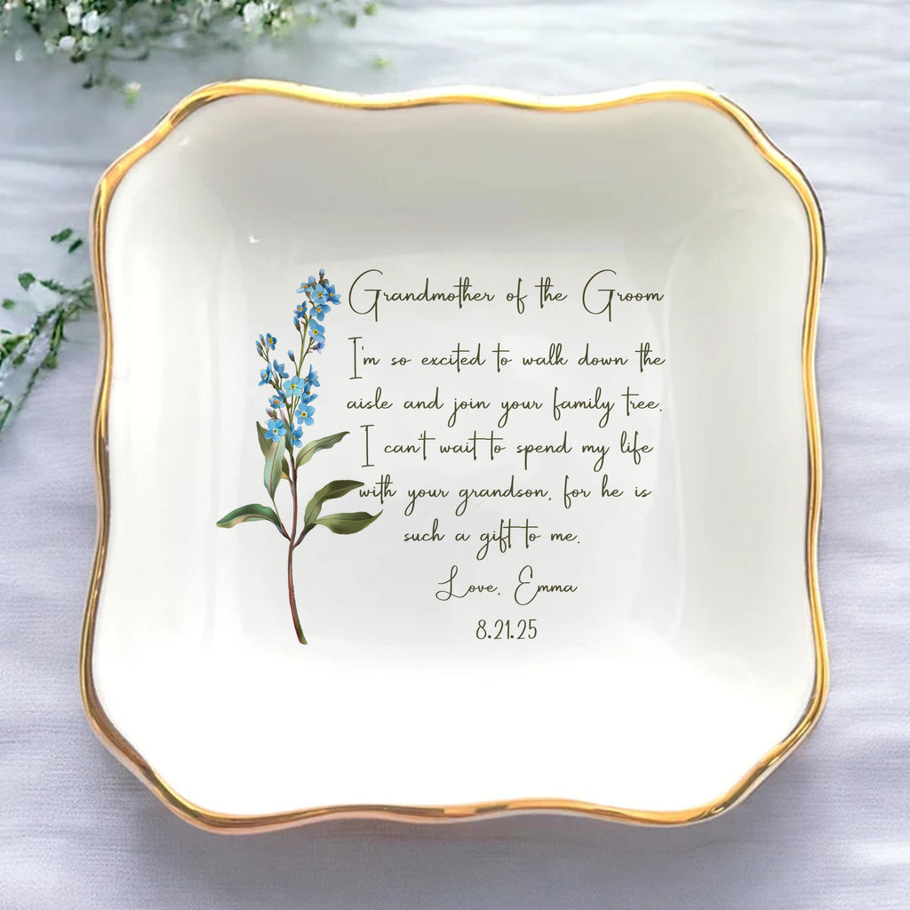 Decorative plate with floral design and personalized text on a light background