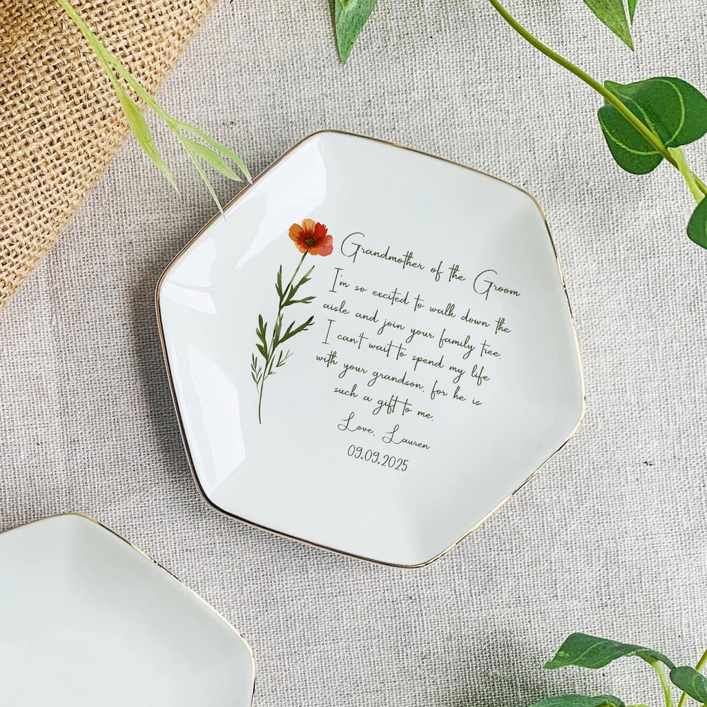 Grandmother Of The Groom Gift • Personalized Wedding Ring Dish • Gift From Bride • Custom Flower Trinket Tray With Message • Wedding Keepsake • Keepsake Gift